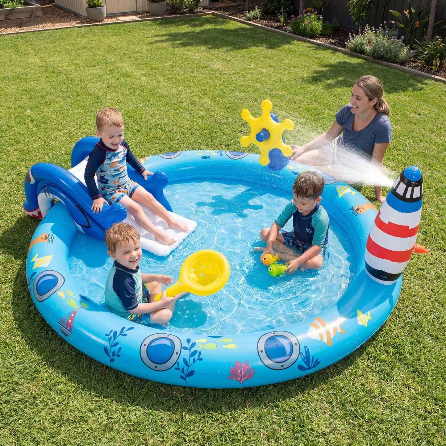 Inflatable Play Center Marine Life Spray Pool with Shark