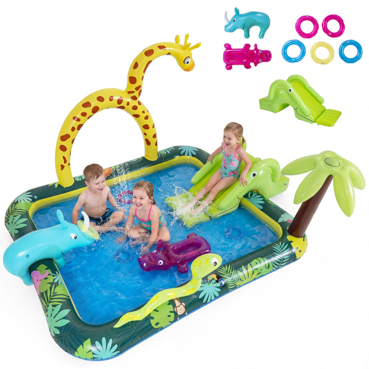 Inflatable Play Center Jungle Animal Spray Pool with Slide Giraffe