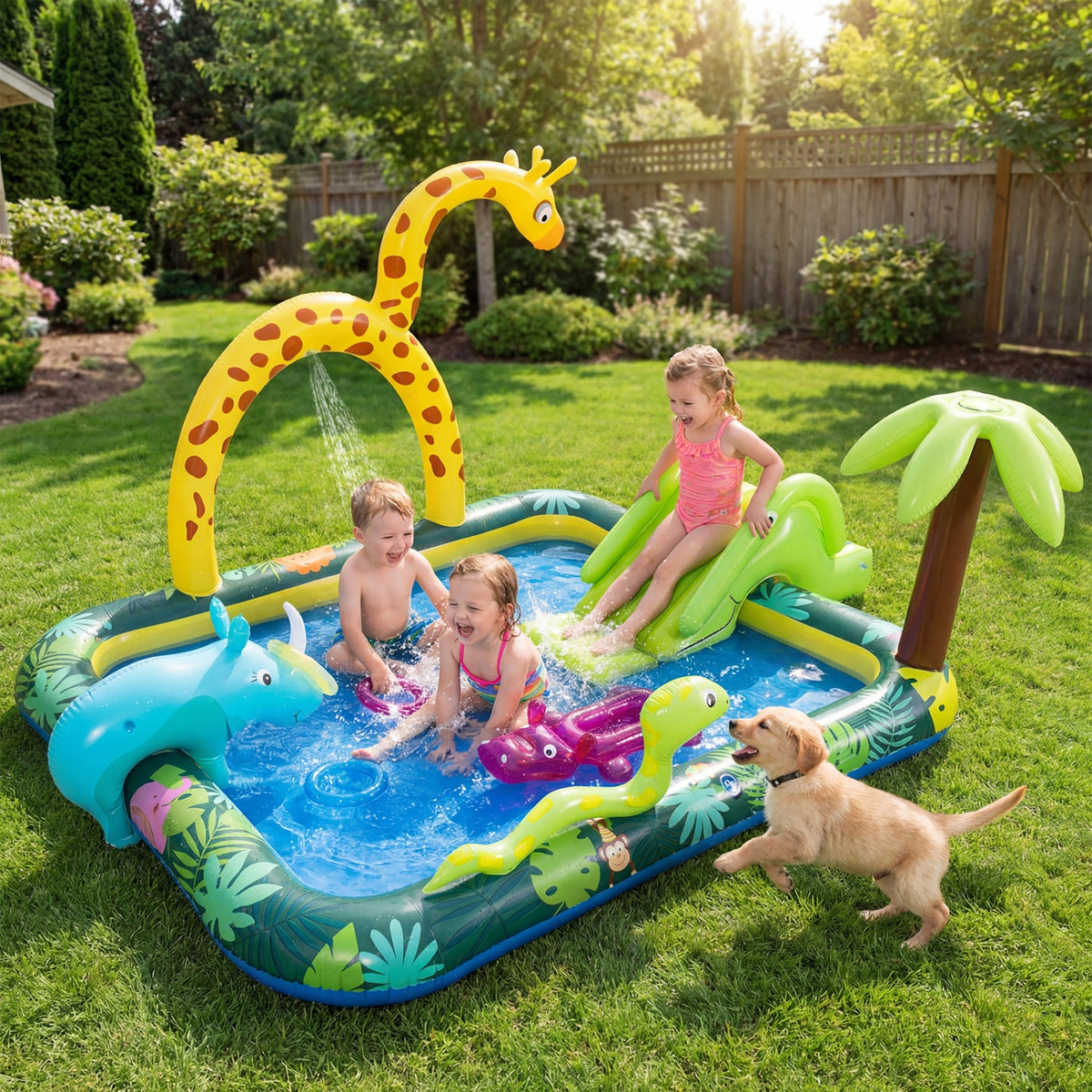Inflatable Play Center Jungle Animal Spray Pool with Slide Giraffe