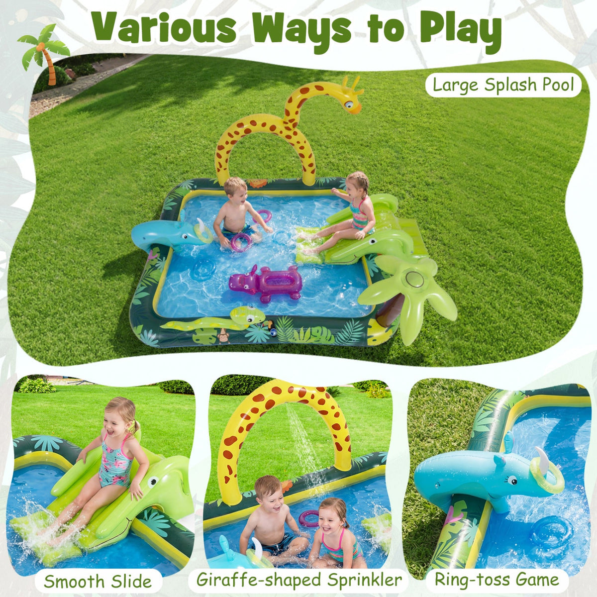 Inflatable Play Center Jungle Animal Spray Pool with Slide Giraffe