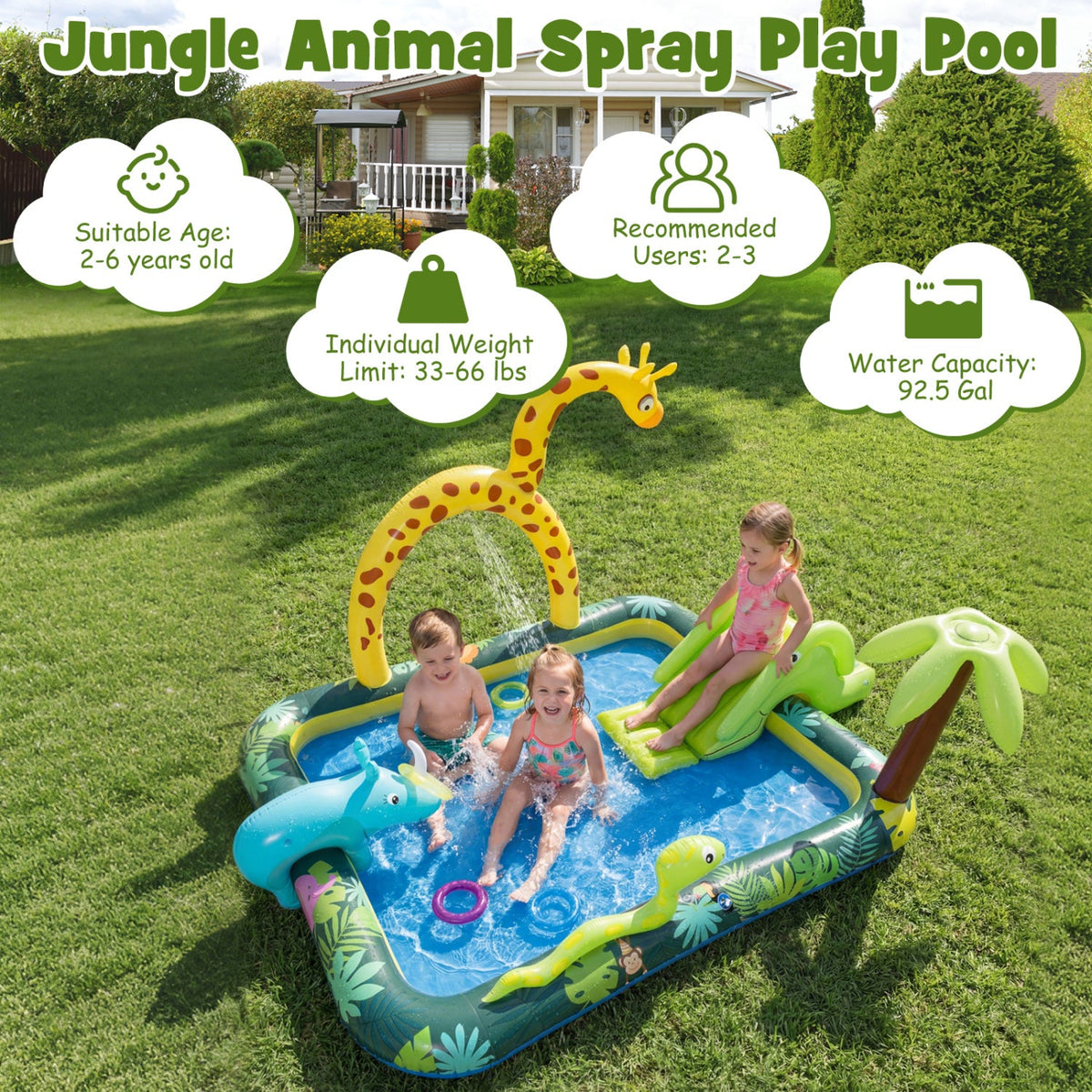 Inflatable Play Center Jungle Animal Spray Pool with Slide Giraffe