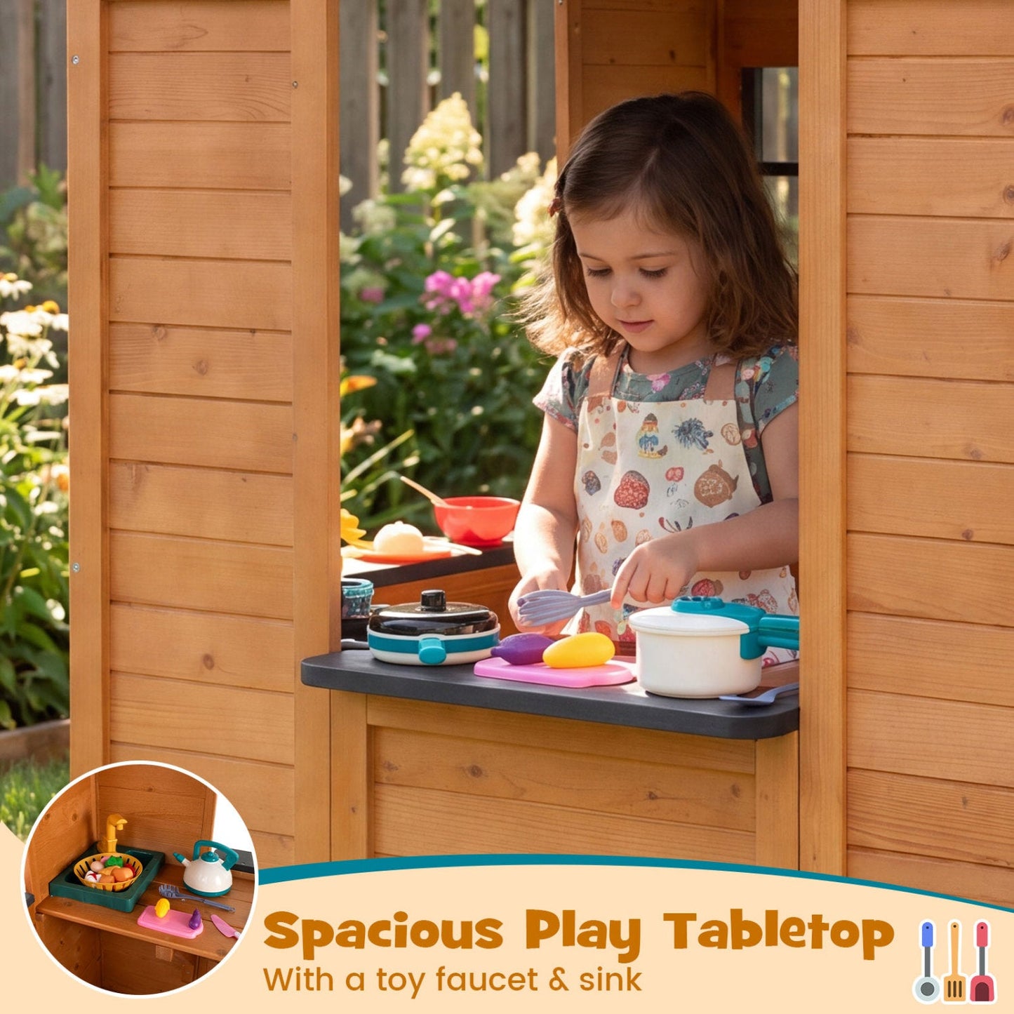 Kids Outdoor Playhouse with Sink Spruce Wooden Cottage with Half Door