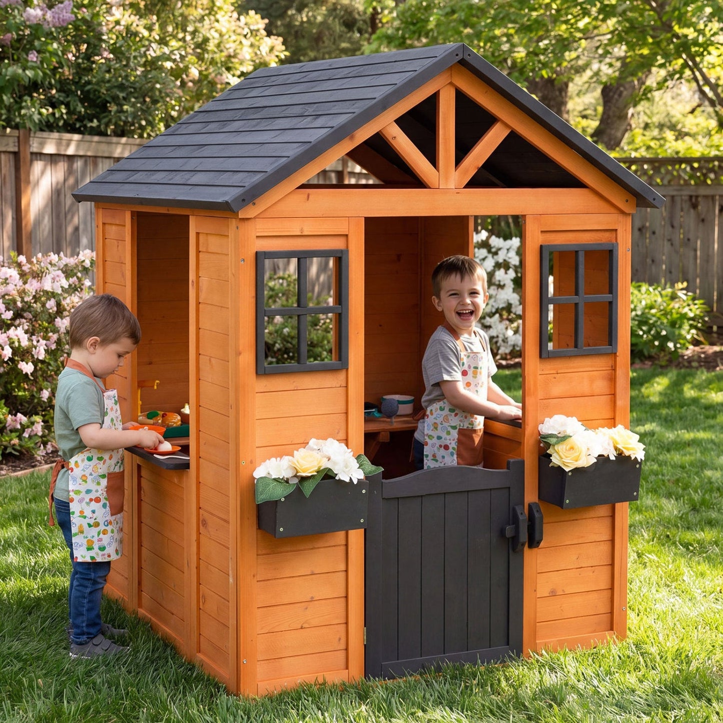 Kids Outdoor Playhouse with Sink Spruce Wooden Cottage with Half Door