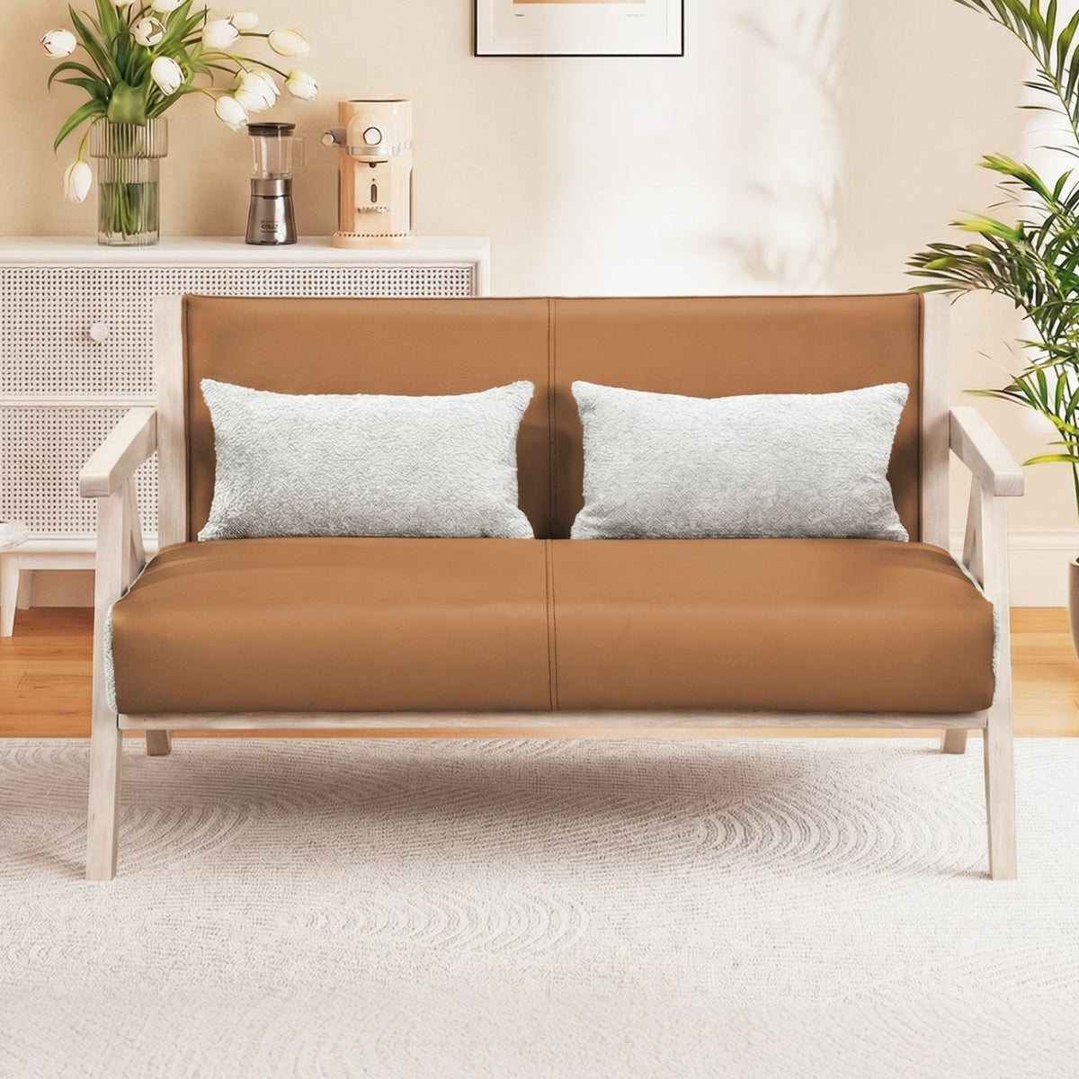 Loveseat Sofa for Small Spaces with Throw Pillows Rubber Wood Frame Padded Seat