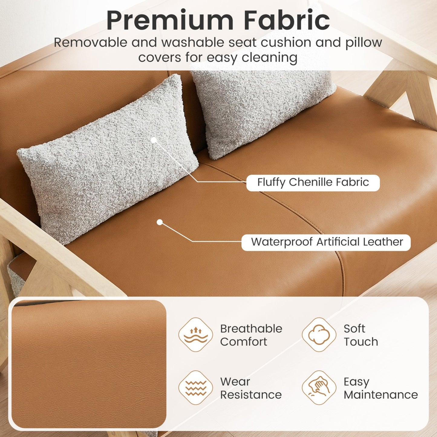 Loveseat Sofa for Small Spaces with Throw Pillows Rubber Wood Frame Padded Seat