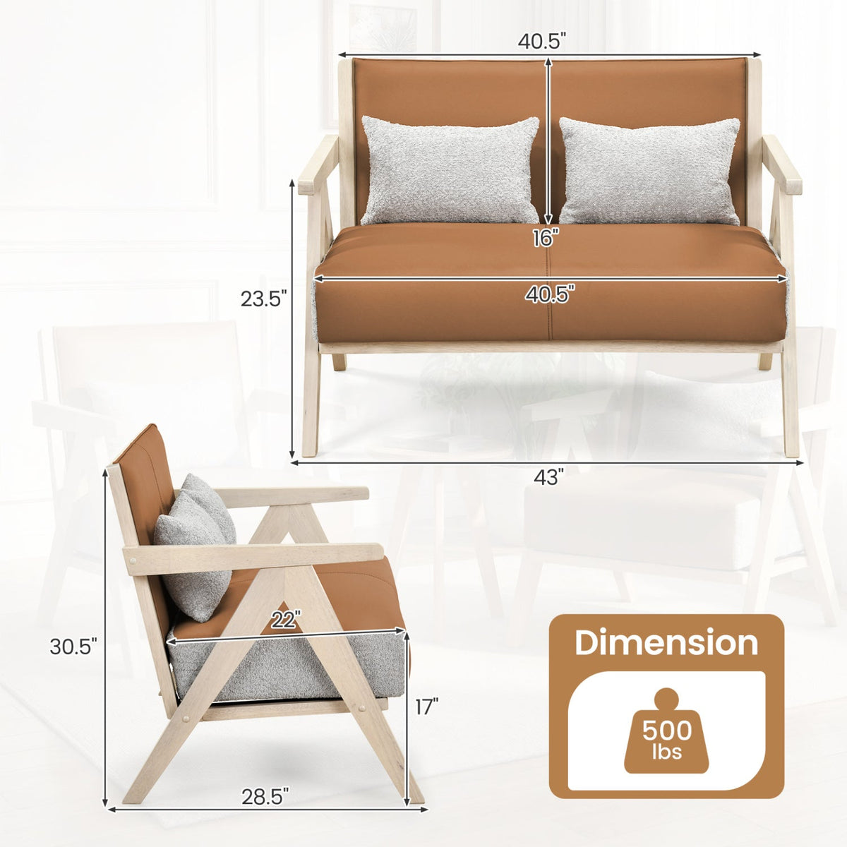 Loveseat Sofa for Small Spaces with Throw Pillows Rubber Wood Frame Padded Seat