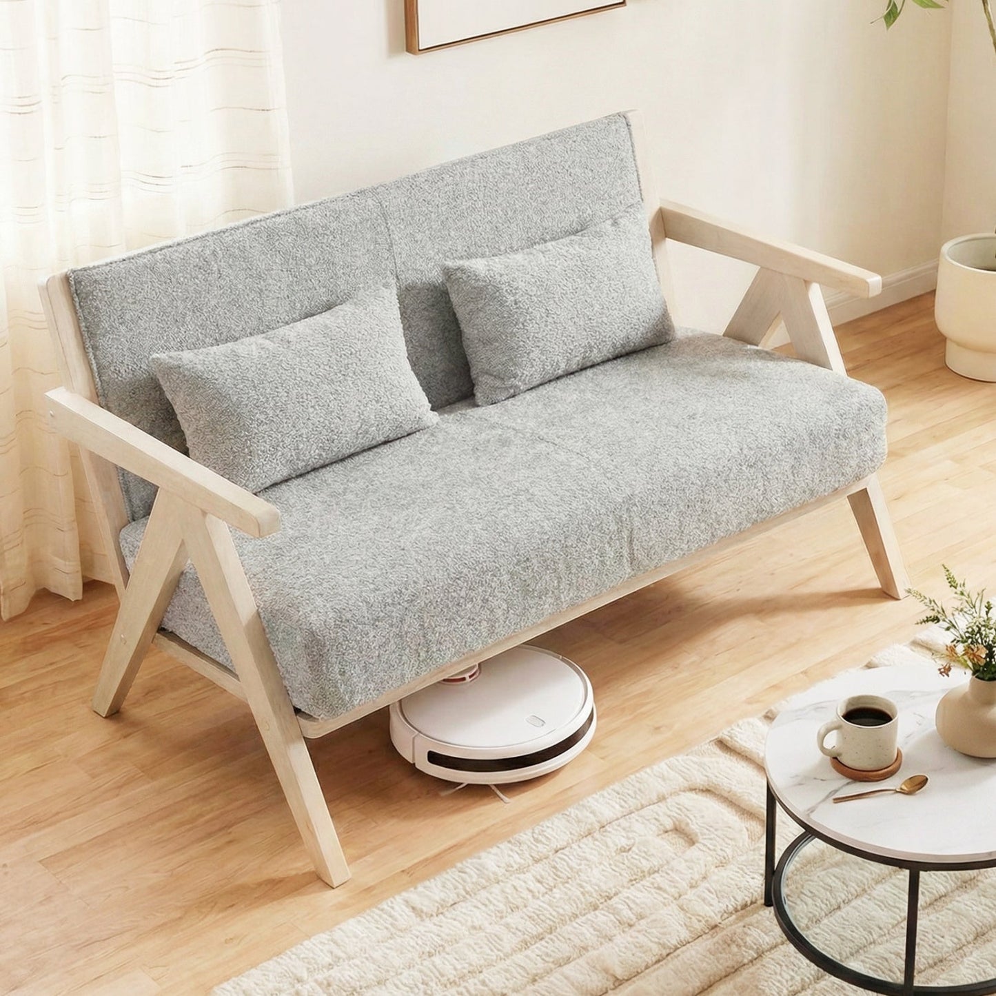 Loveseat Sofa for Small Spaces with Throw Pillows Rubber Wood Frame Padded Seat