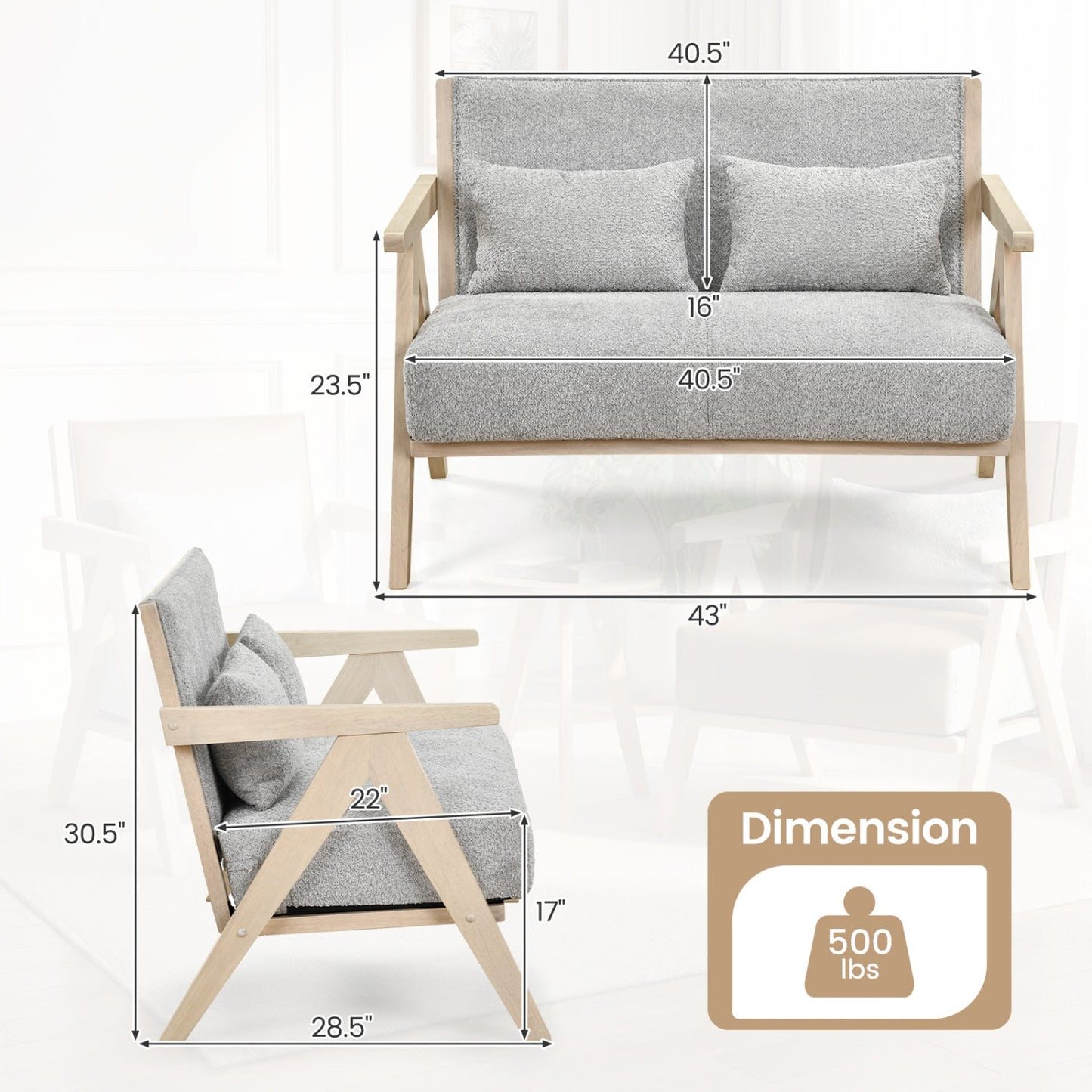 Loveseat Sofa for Small Spaces with Throw Pillows Rubber Wood Frame Padded Seat