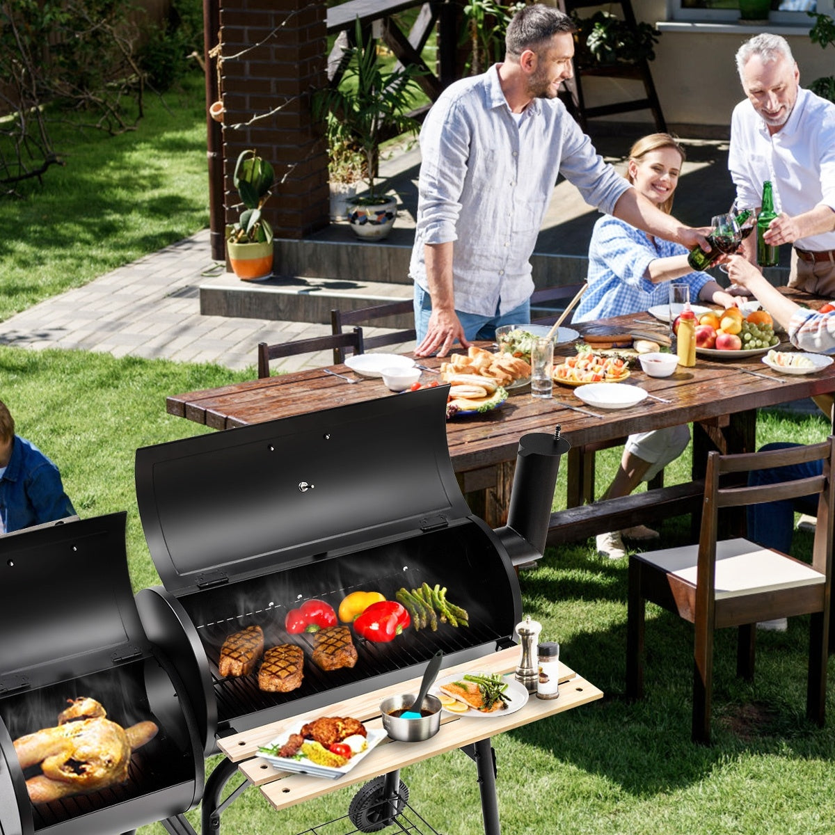 Low Smoke Outdoor BBQ Grill Steel Barbecue Cooker with Firebox