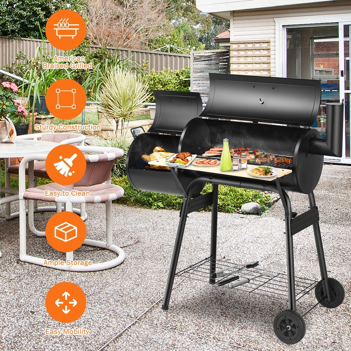 Low Smoke Outdoor BBQ Grill Steel Barbecue Cooker with Firebox