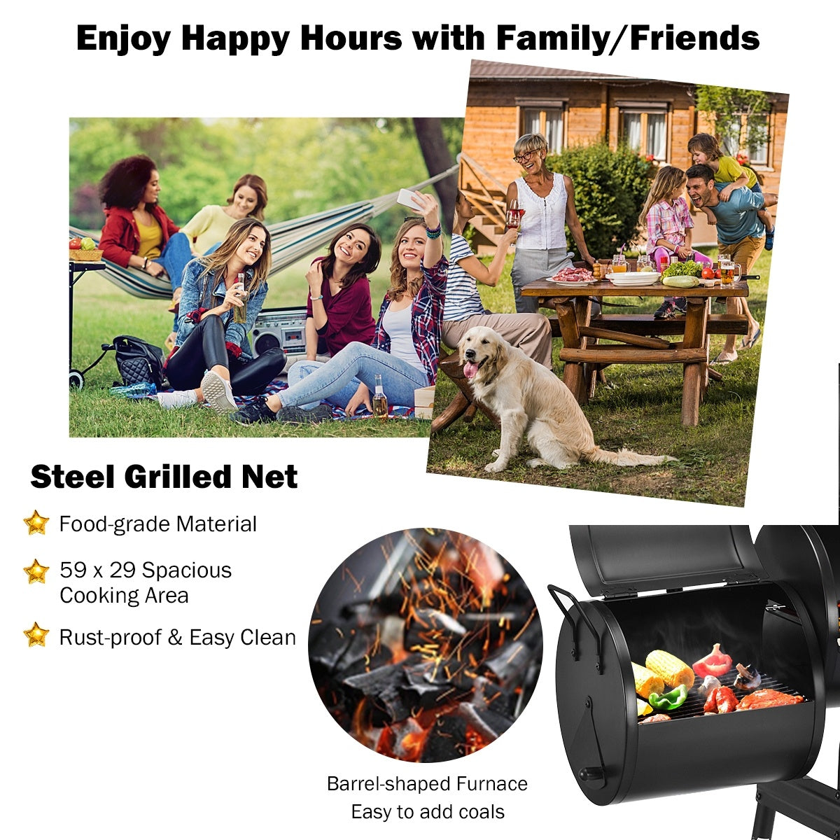Low Smoke Outdoor BBQ Grill Steel Barbecue Cooker with Firebox