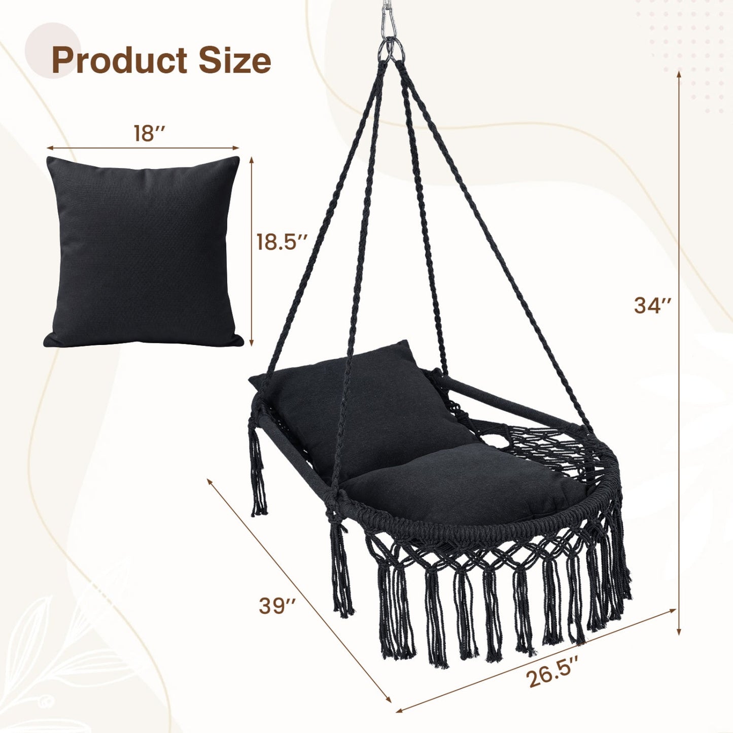 Macrame Swing Chair Hammock Chair with 2 Removable Cushions