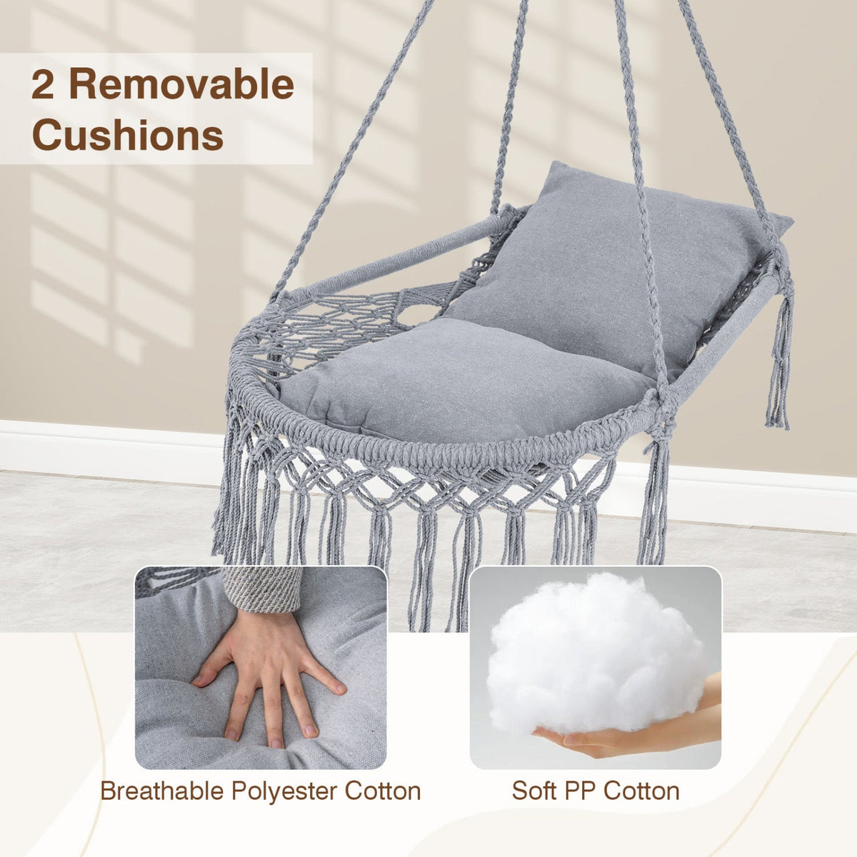 Macrame Swing Chair Hammock Chair with 2 Removable Cushions