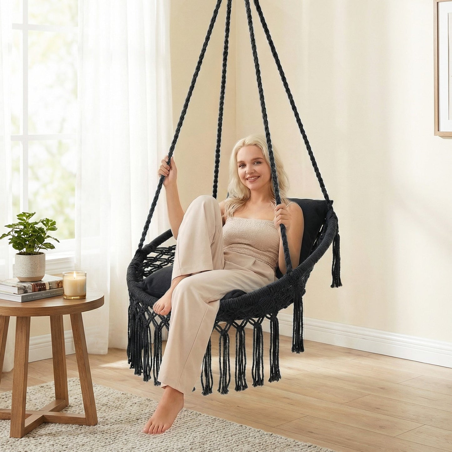 Macrame Swing Chair Hammock Chair with 2 Removable Cushions