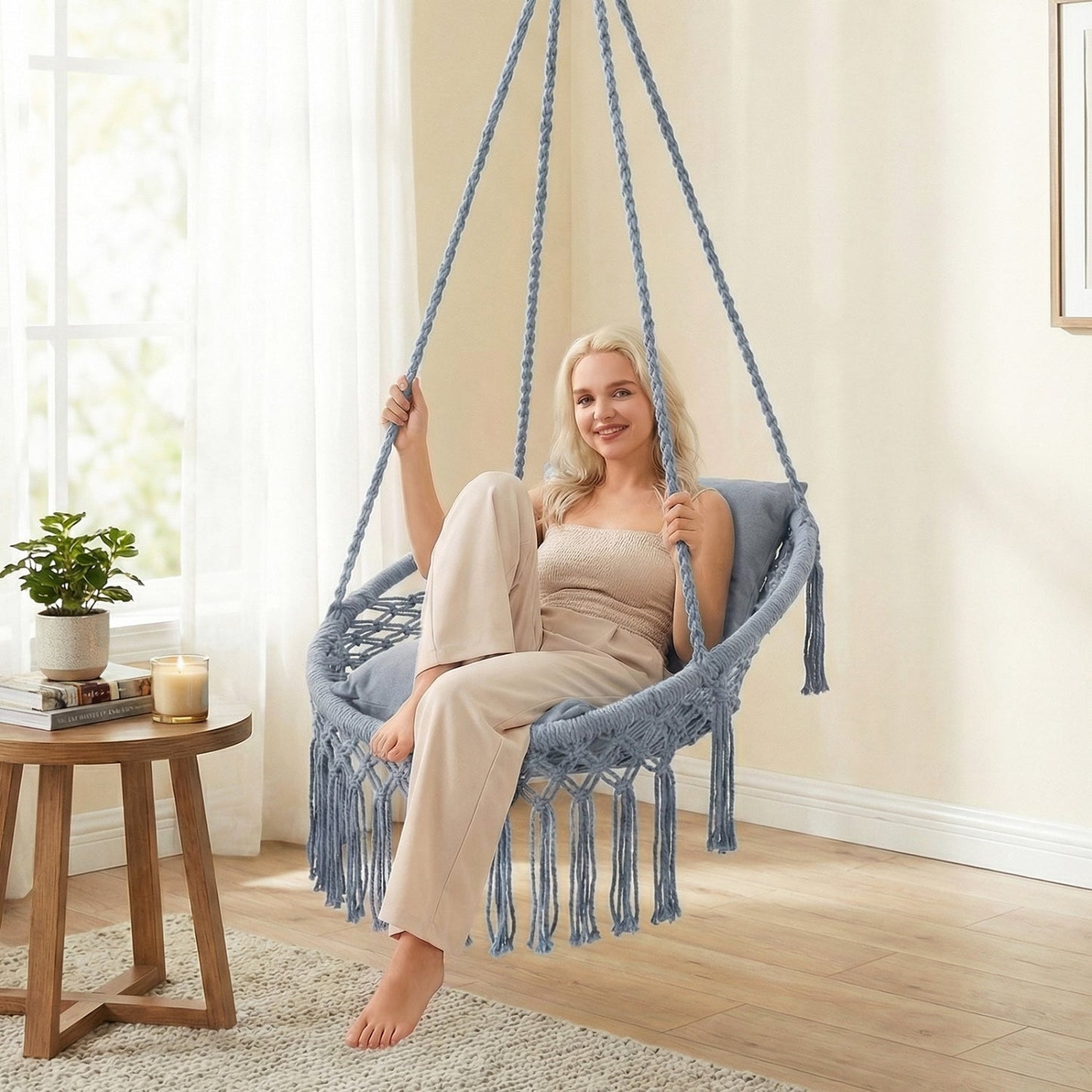 Macrame Swing Chair Hammock Chair with 2 Removable Cushions