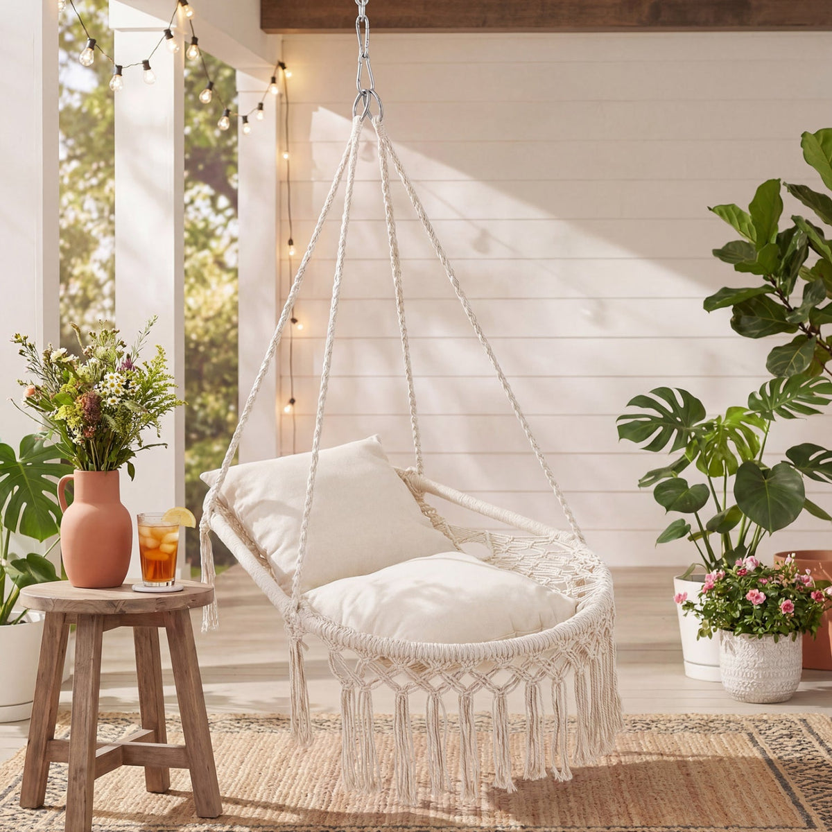 Macrame Swing Chair Hammock Chair with 2 Removable Cushions