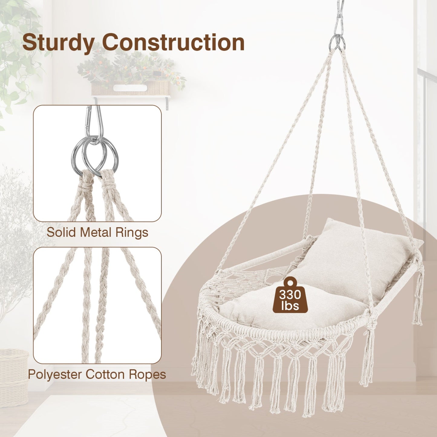 Macrame Swing Chair Hammock Chair with 2 Removable Cushions