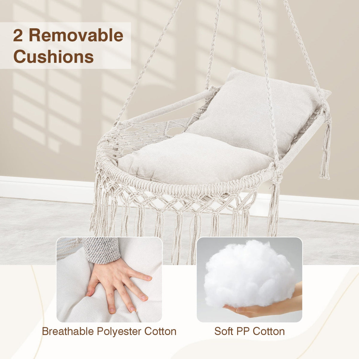 Macrame Swing Chair Hammock Chair with 2 Removable Cushions