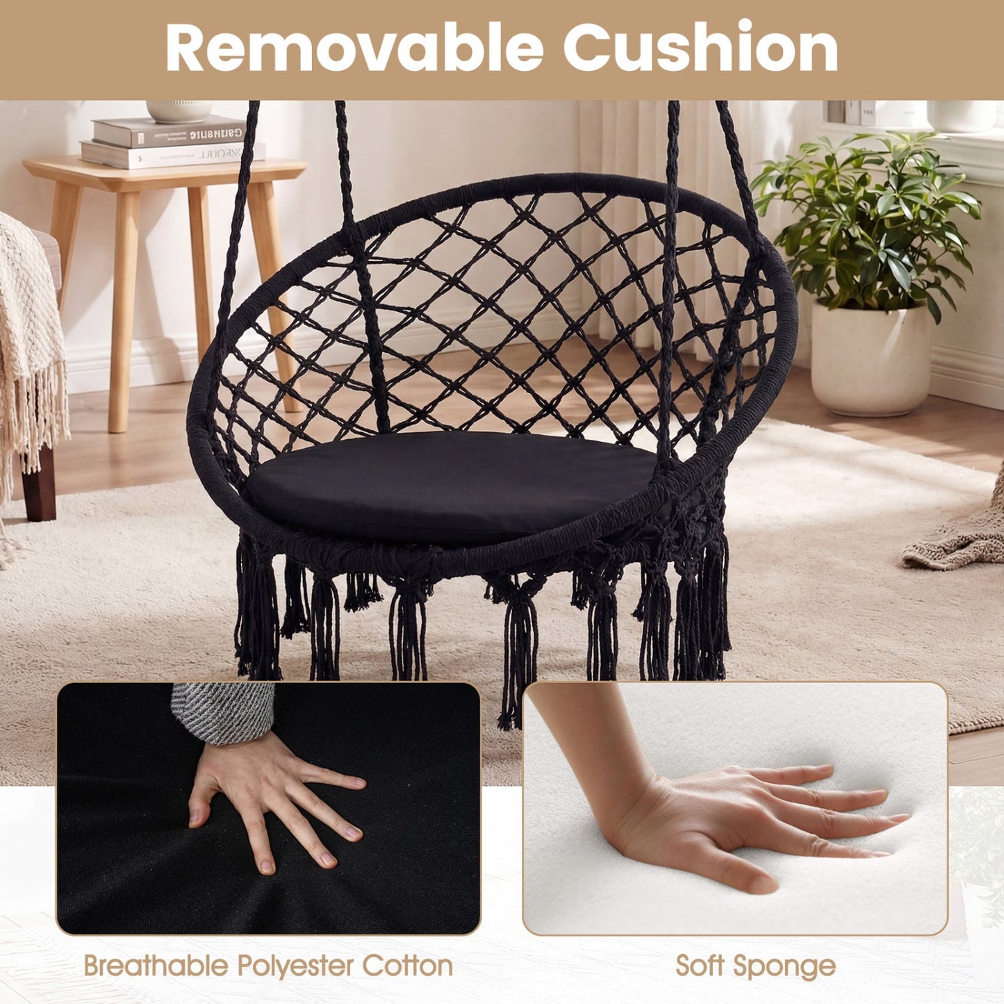 Macrame Swing Chair Hammock Chair with Round Seat Cushion