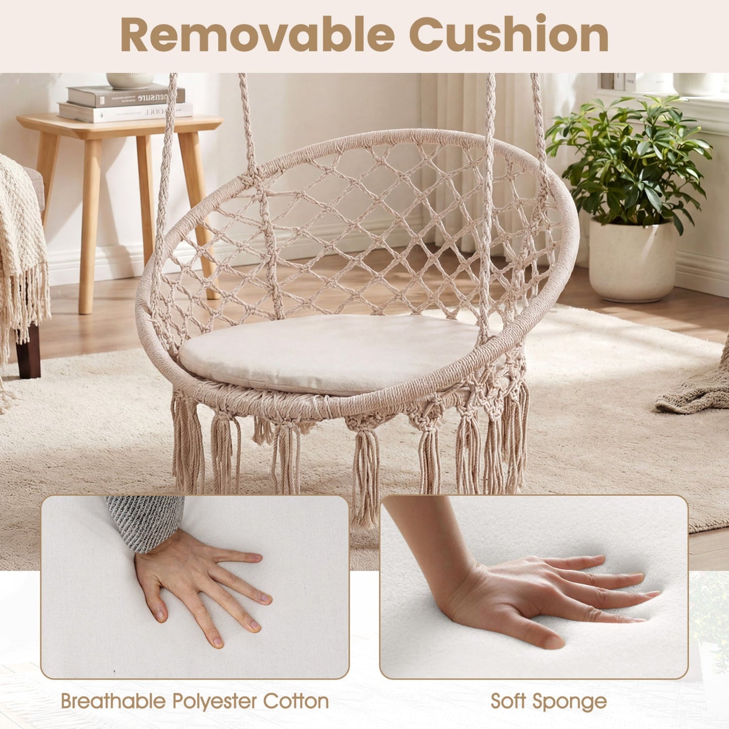 Macrame Swing Chair Hammock Chair with Round Seat Cushion