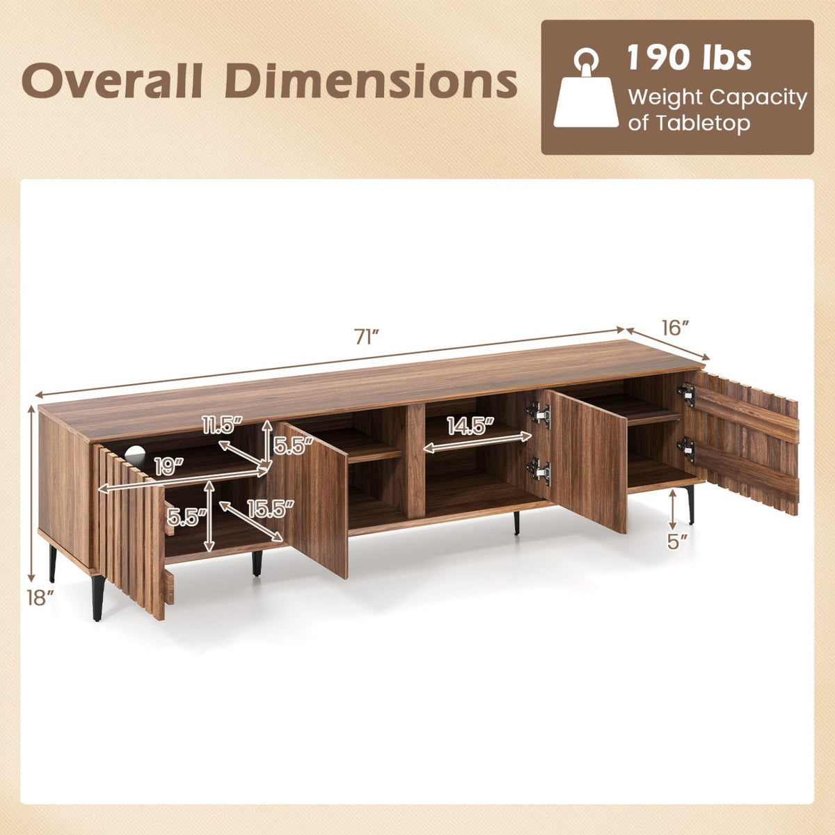Mid Century Modern Entertainment Center with 4 Storage Cabinets for Living Room