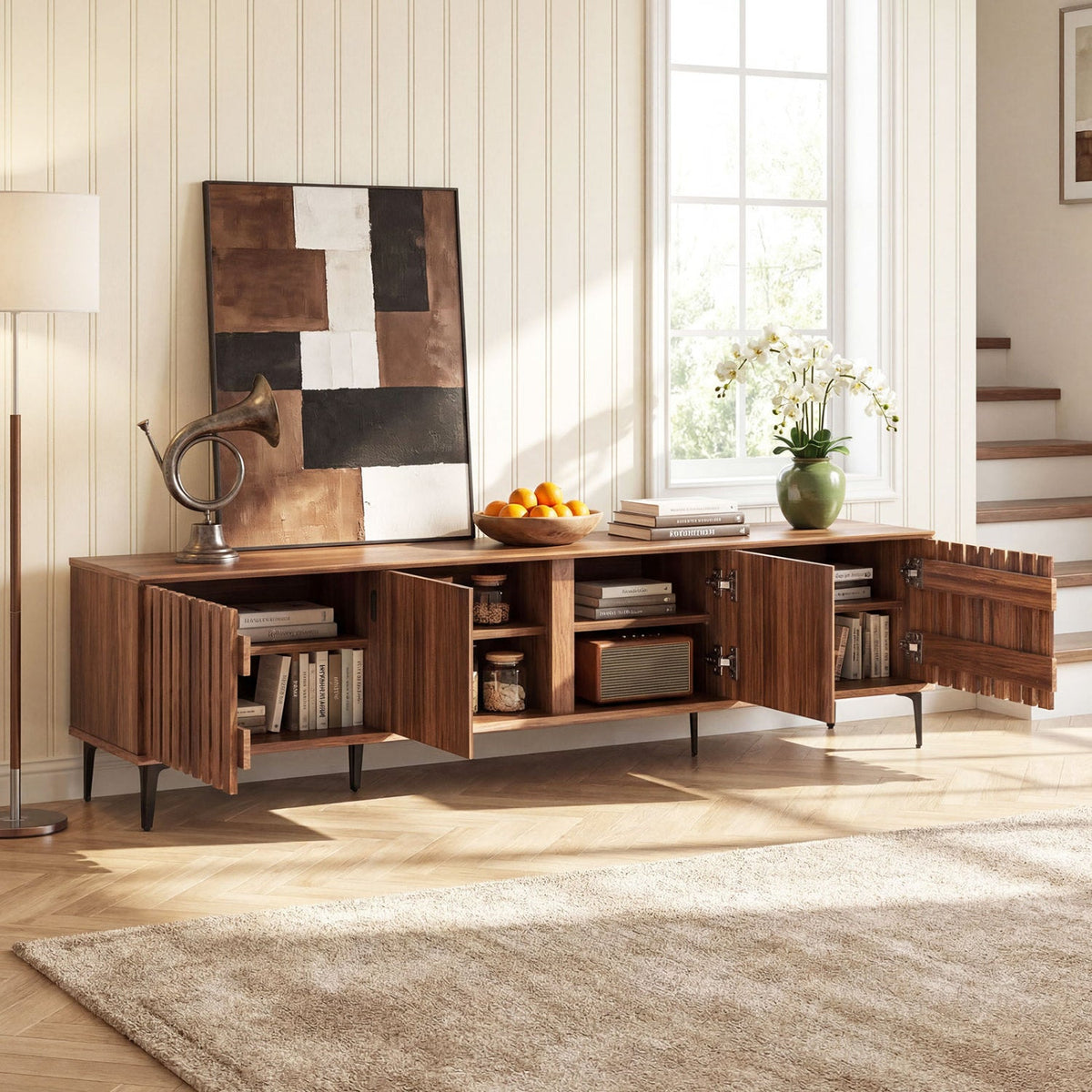 Mid Century Modern Entertainment Center with 4 Storage Cabinets for Living Room