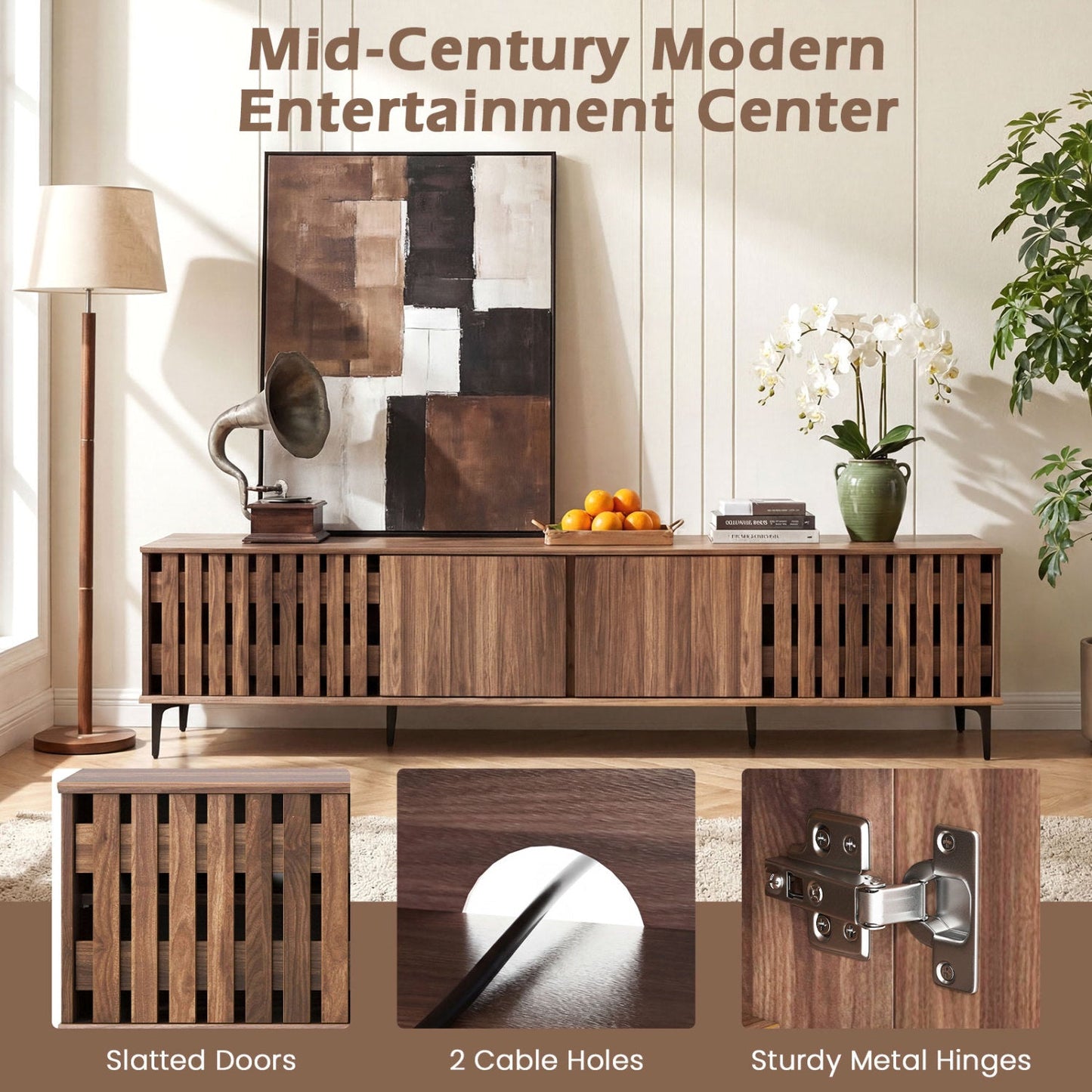 Mid Century Modern Entertainment Center with 4 Storage Cabinets for Living Room