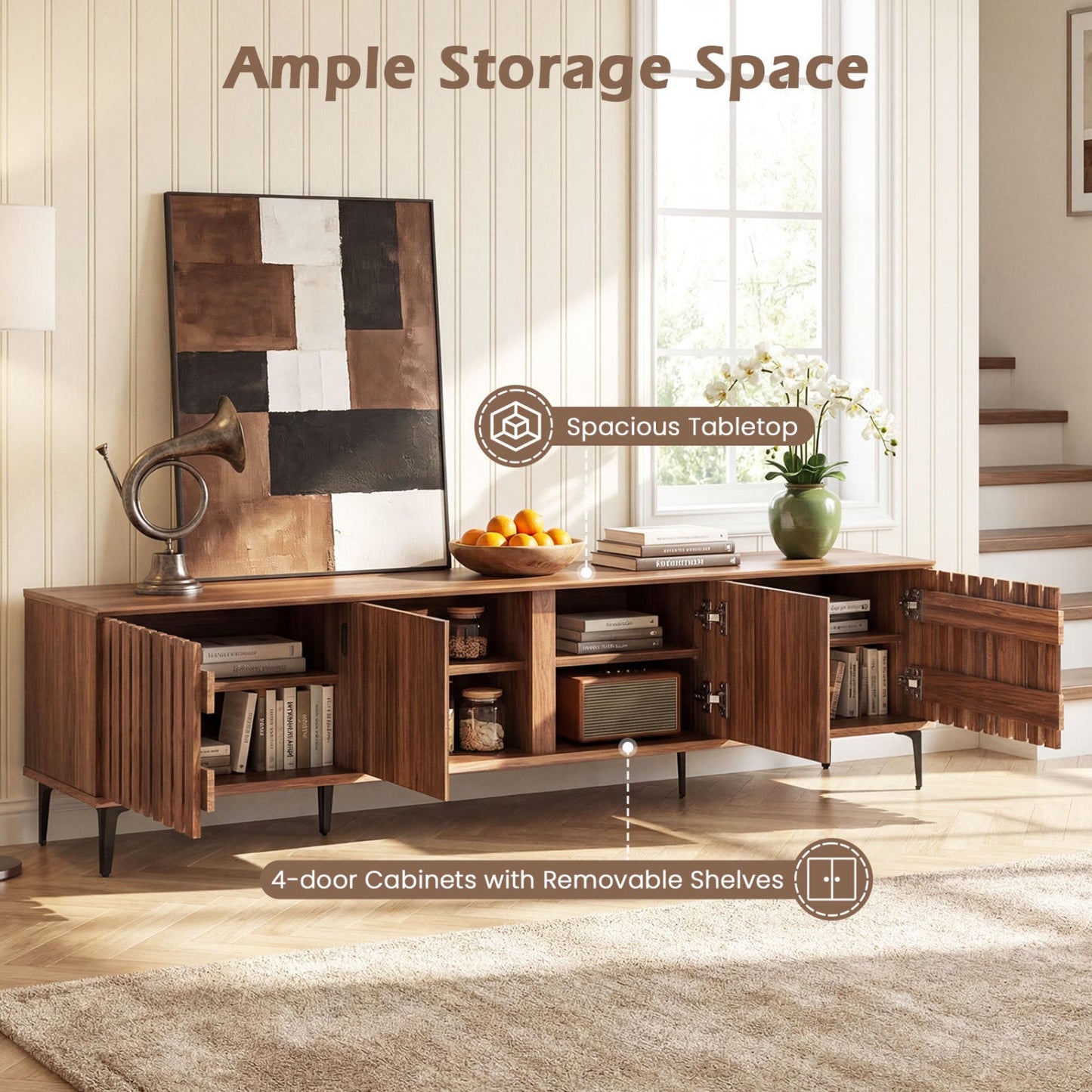 Mid Century Modern Entertainment Center with 4 Storage Cabinets for Living Room