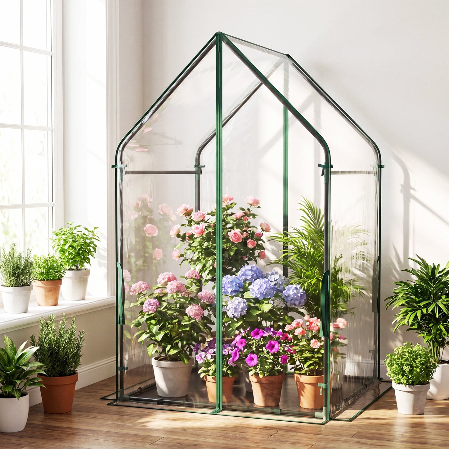 Mini Green House Metal Frame with Waterproof Bottom Mat and Wind Ropes