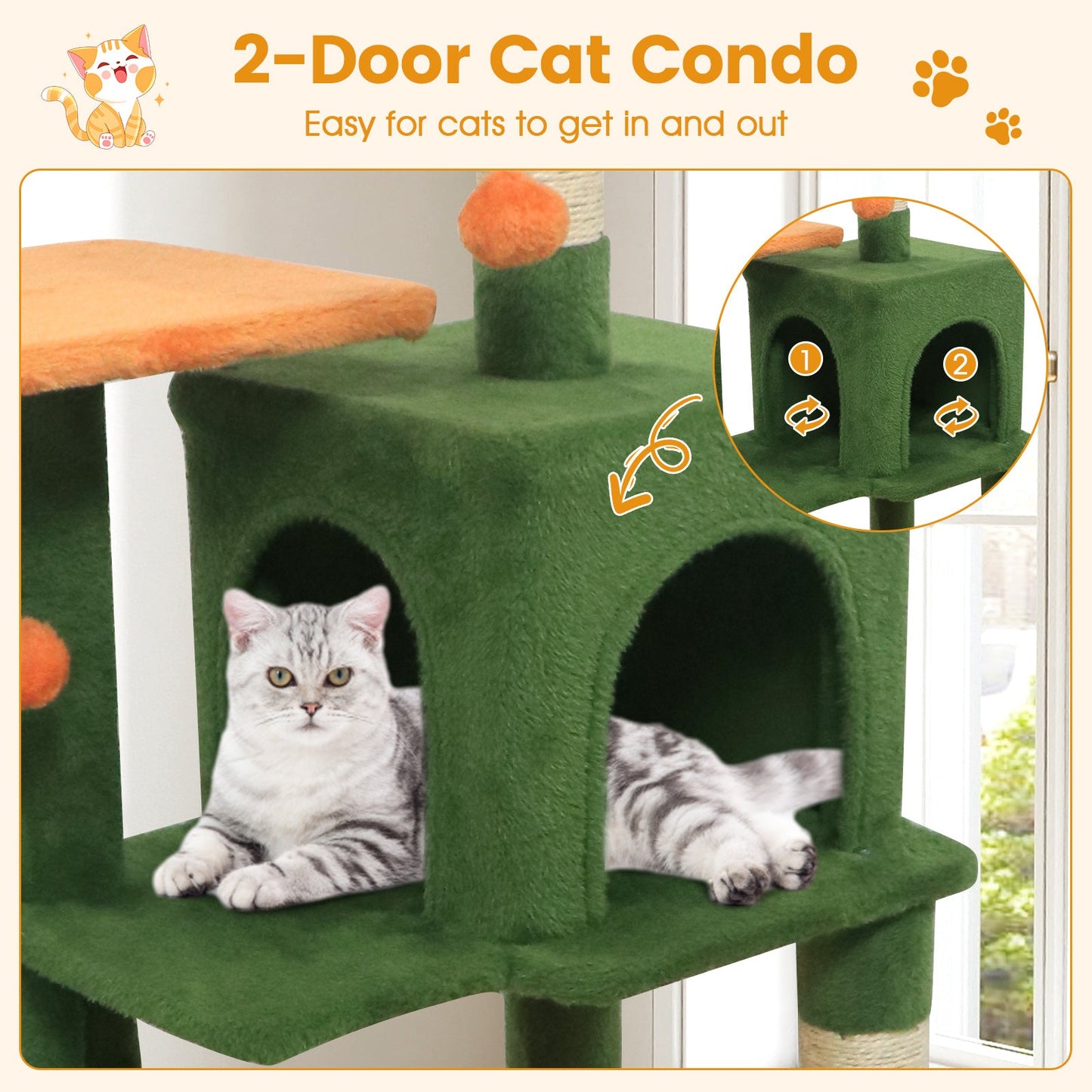Multi-Level Cat Tower with 2-Door Condo and Padded Top Perch
