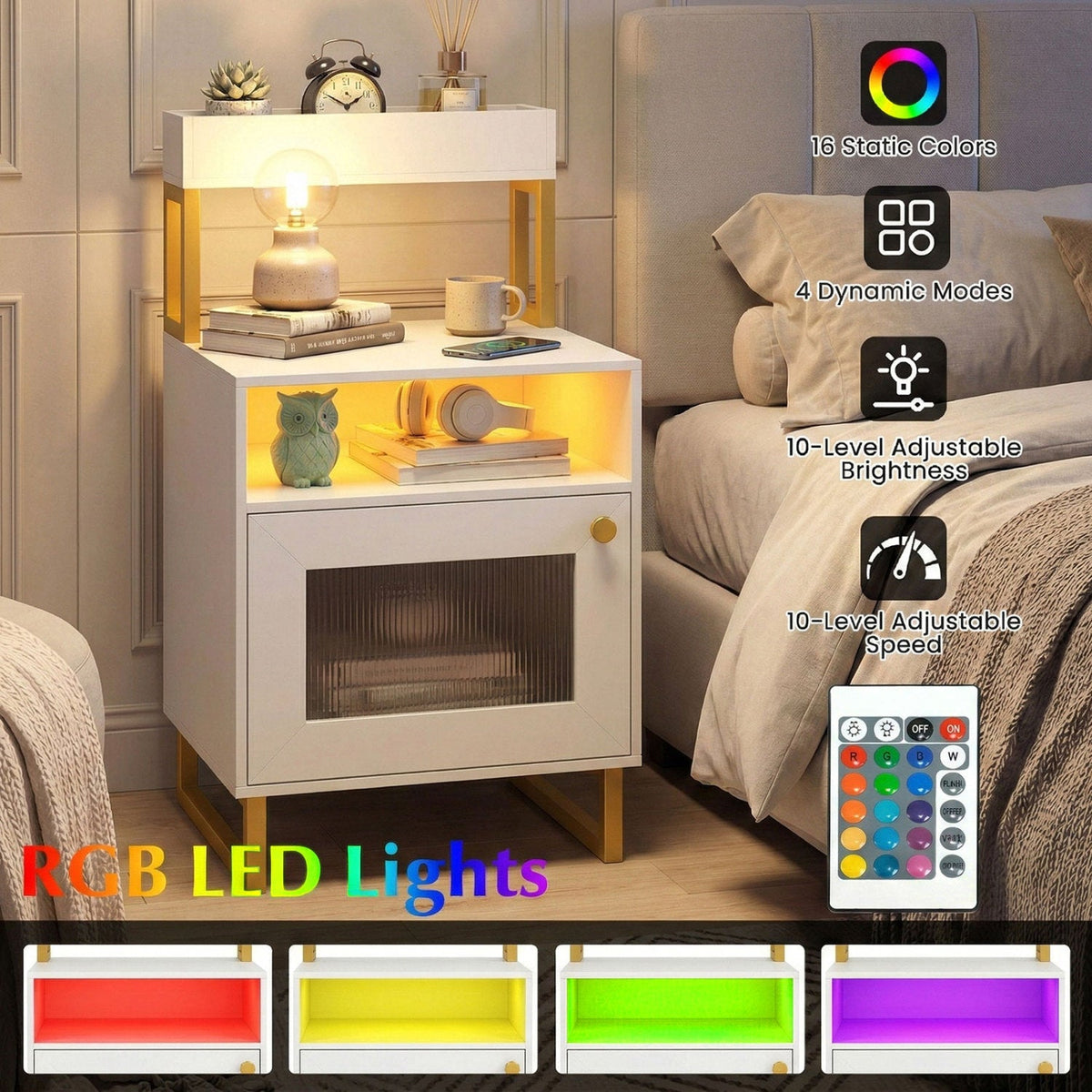 Nightstand with LED Lights Modern End Table with Top Tray Open Compartment and Storage Cabinet
