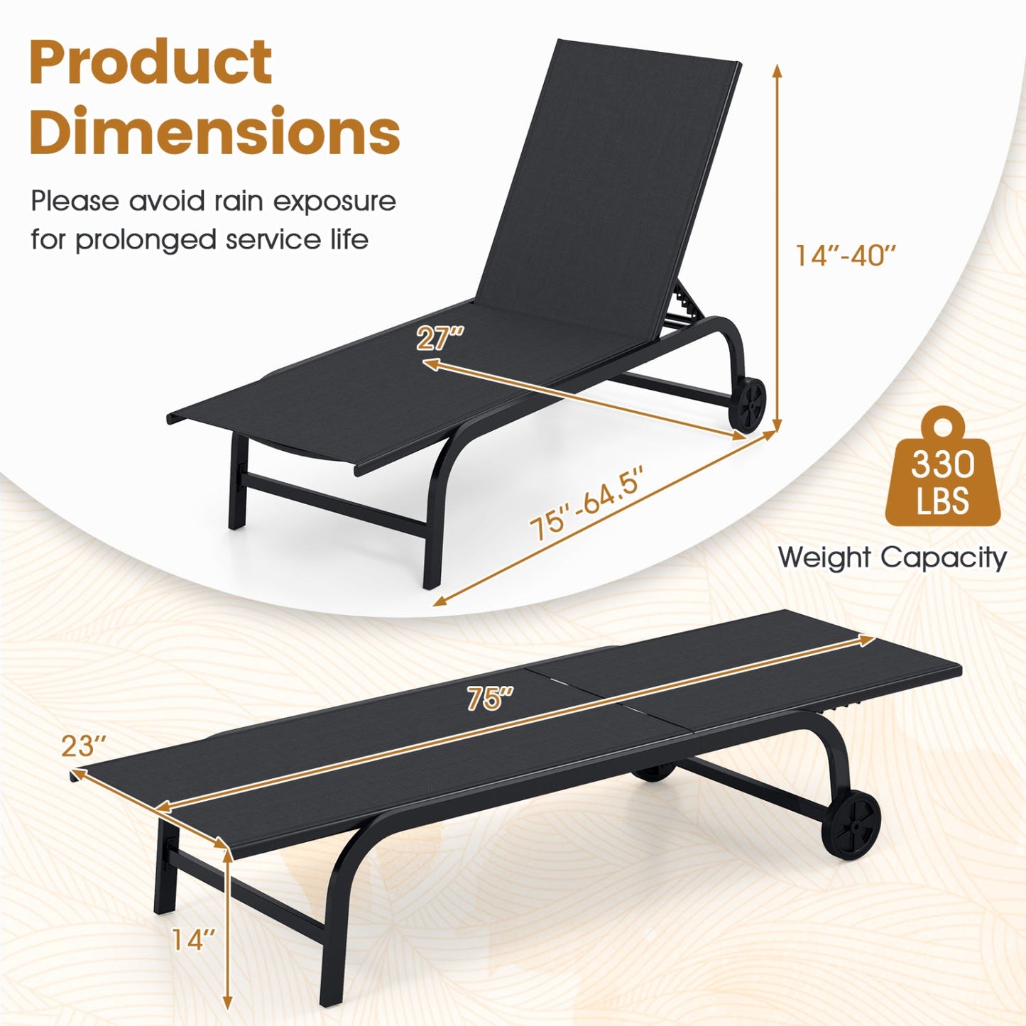 Outdoor Chaise Lounge Chair with Wheels and Metal Frame