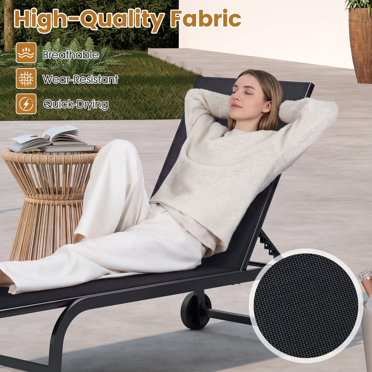 Outdoor Chaise Lounge Chair with Wheels and Metal Frame