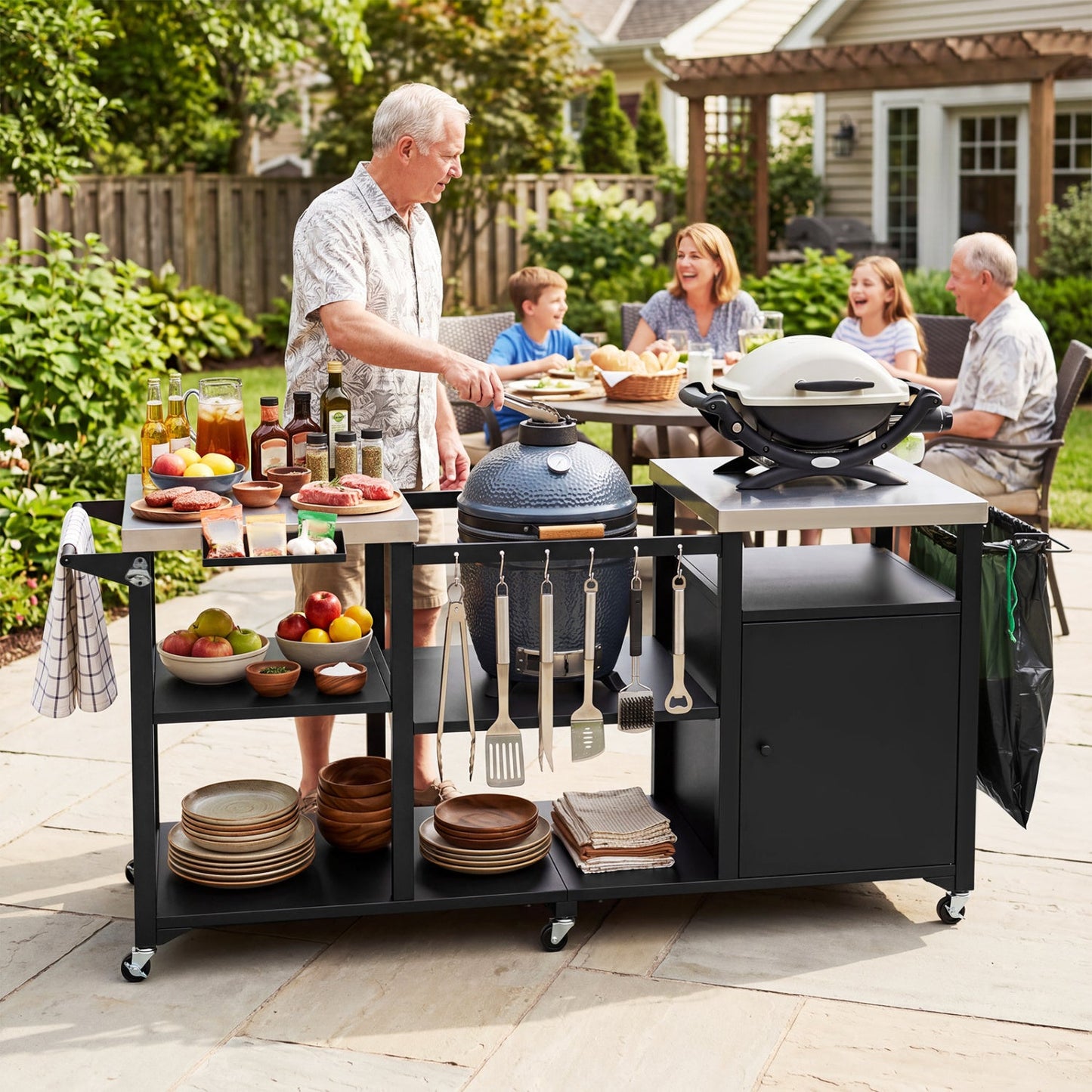 Outdoor Grill Cart with Stainless Steel Tabletop & Cabinet