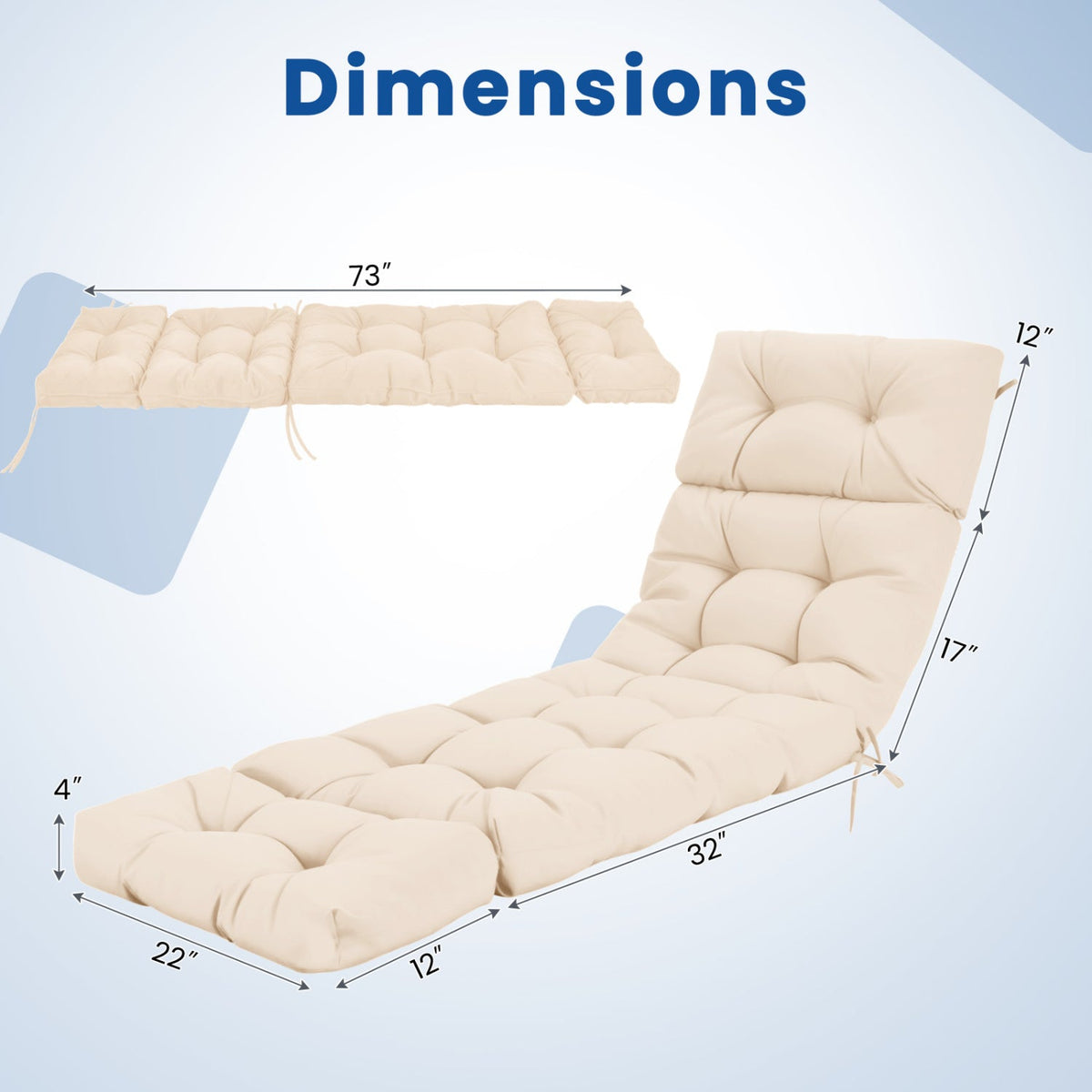Outdoor Lounge Chaise Cushion 73"x22" with High Back String Ties