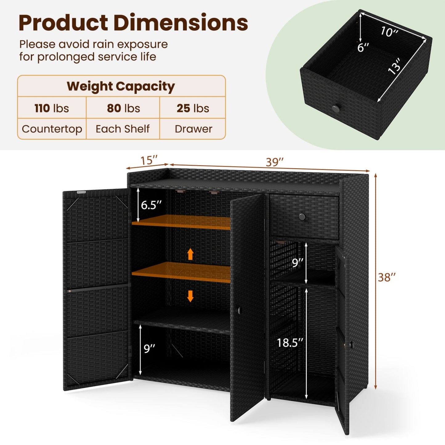 Outdoor Storage Cabinet with 3 Doors and Adjustable Shelves