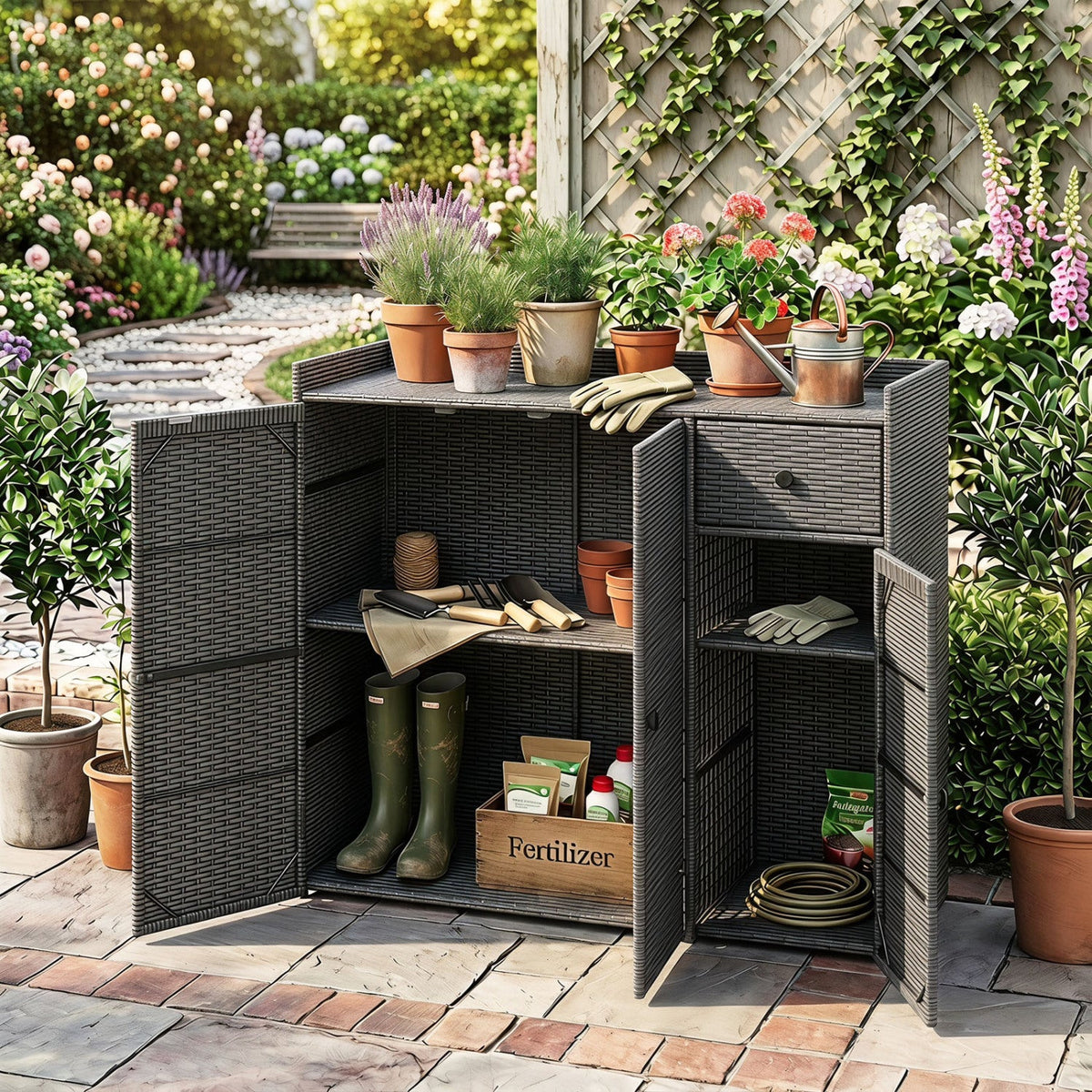 Outdoor Storage Cabinet with 3 Doors and Adjustable Shelves