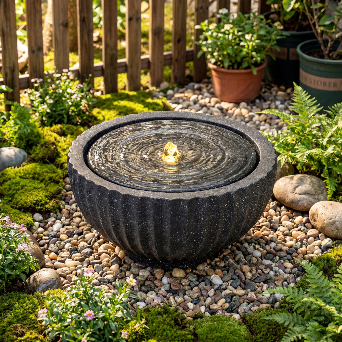 Outdoor Round Sphere Water Fountain with LED Lights and Pump
