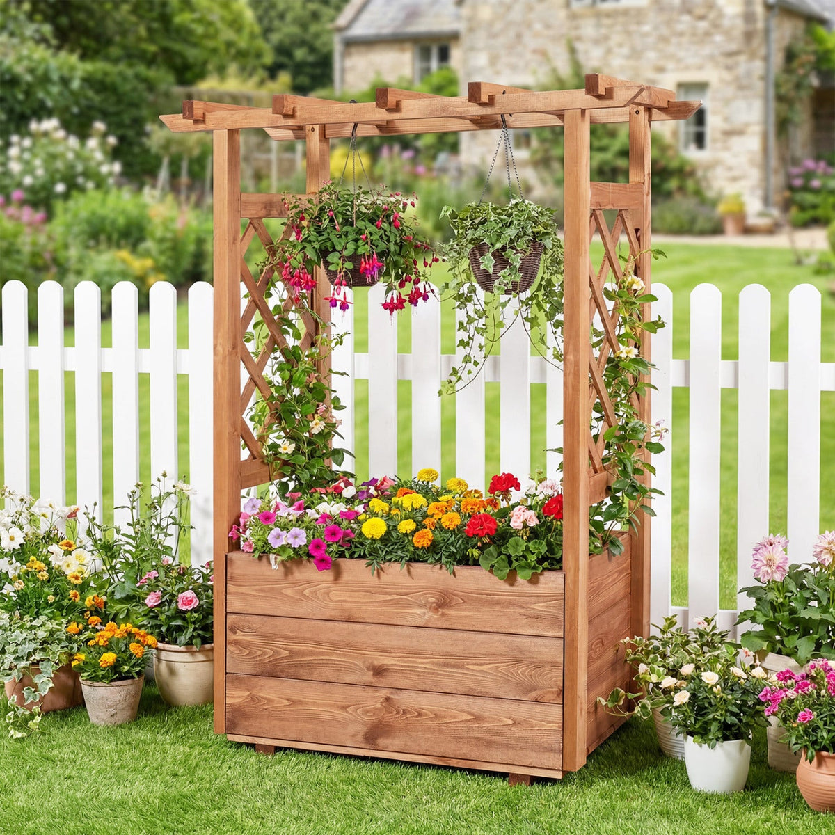 Raised Garden Bed with Lattice Trellises with Hanging Roof Set of 2