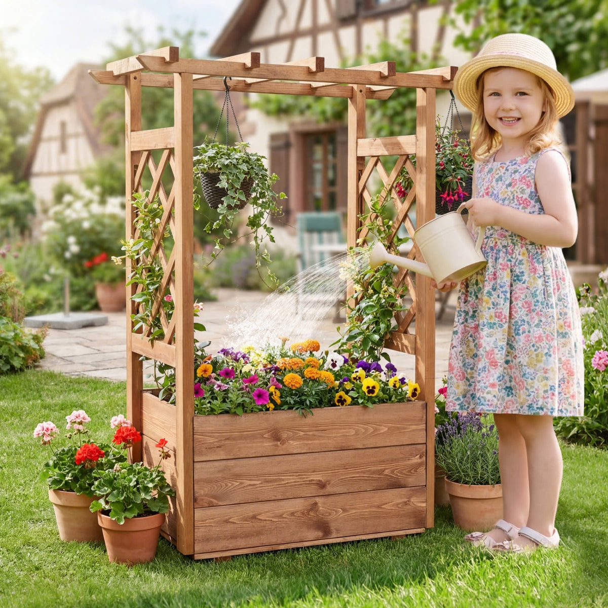 Raised Garden Bed with Lattice Trellises with Hanging Roof Set of 2