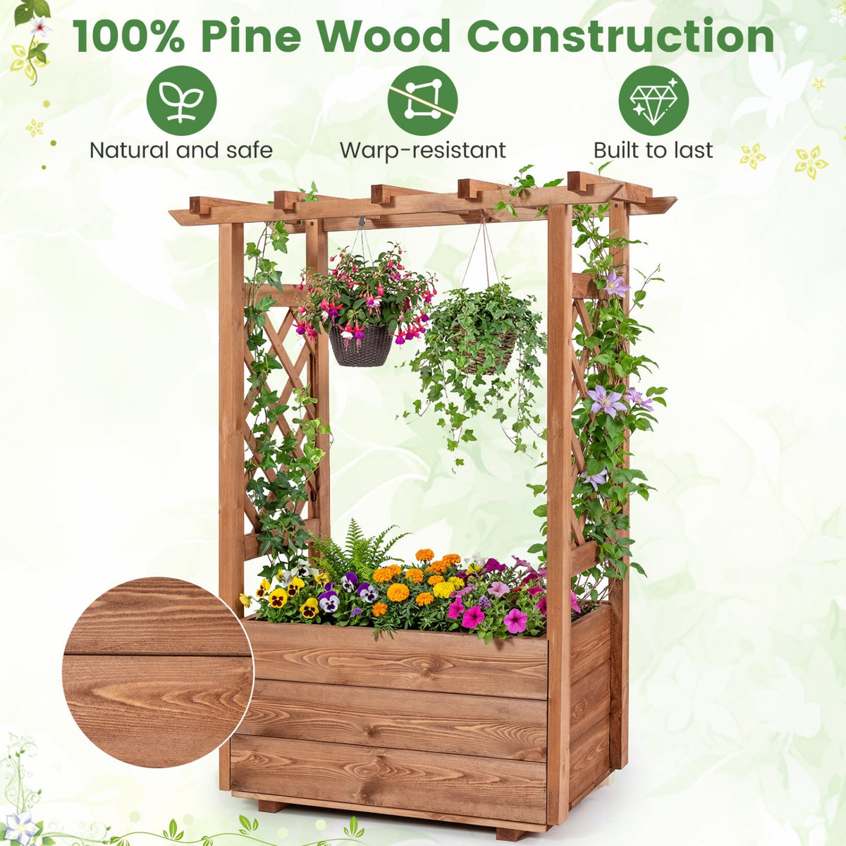 Raised Garden Bed with Lattice Trellises with Hanging Roof Set of 2