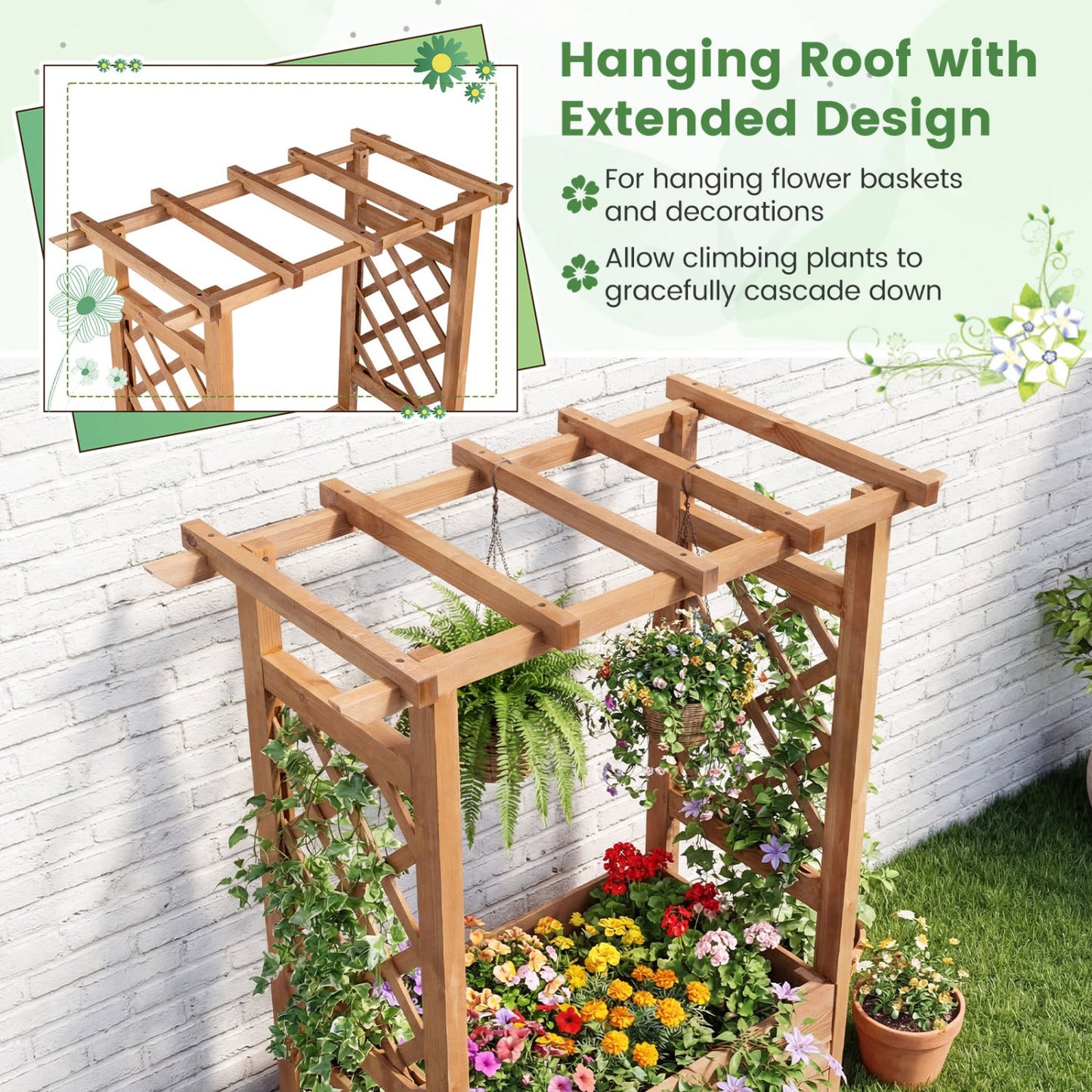Raised Garden Bed with Lattice Trellises with Hanging Roof Set of 2
