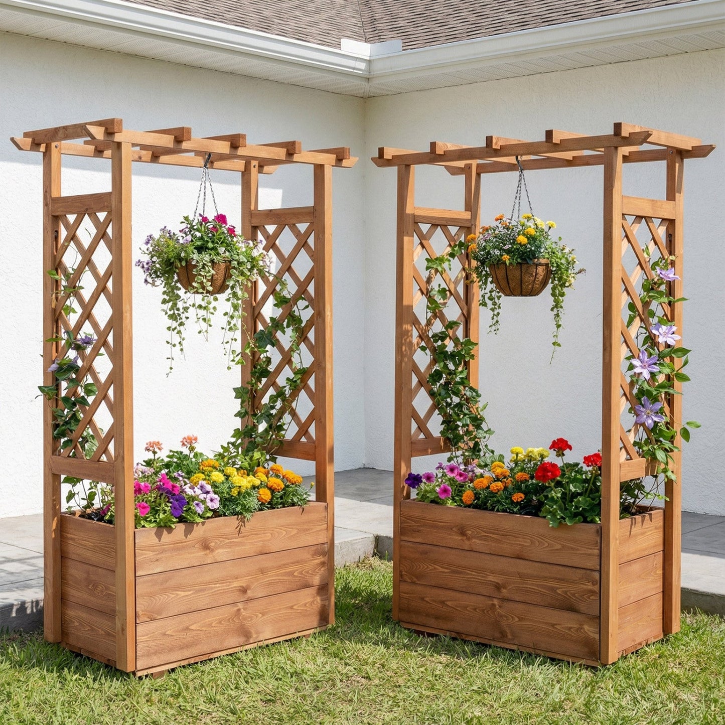 Raised Garden Bed with Lattice Trellises with Hanging Roof Set of 2
