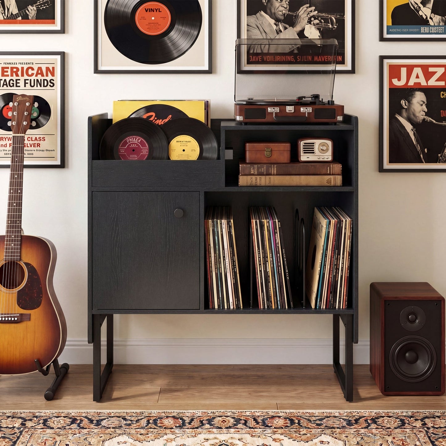 Record Player Stand with Power Outlets and Vinyl Storage Holder up to 250 Albums
