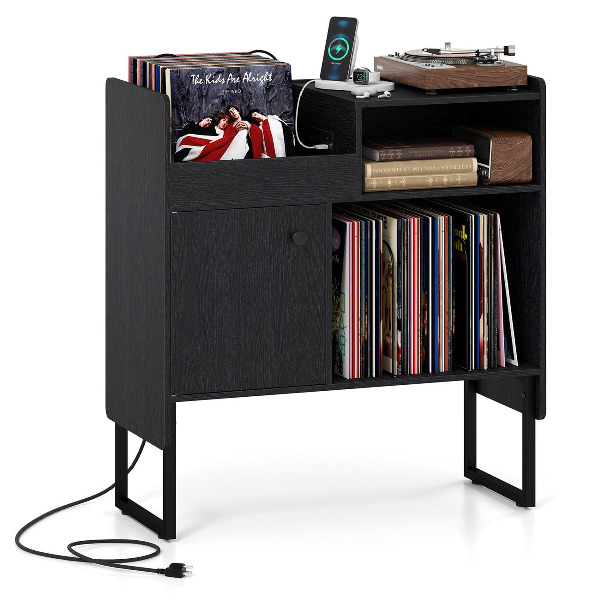 Record Player Stand with Power Outlets and Vinyl Storage Holder up to 250 Albums