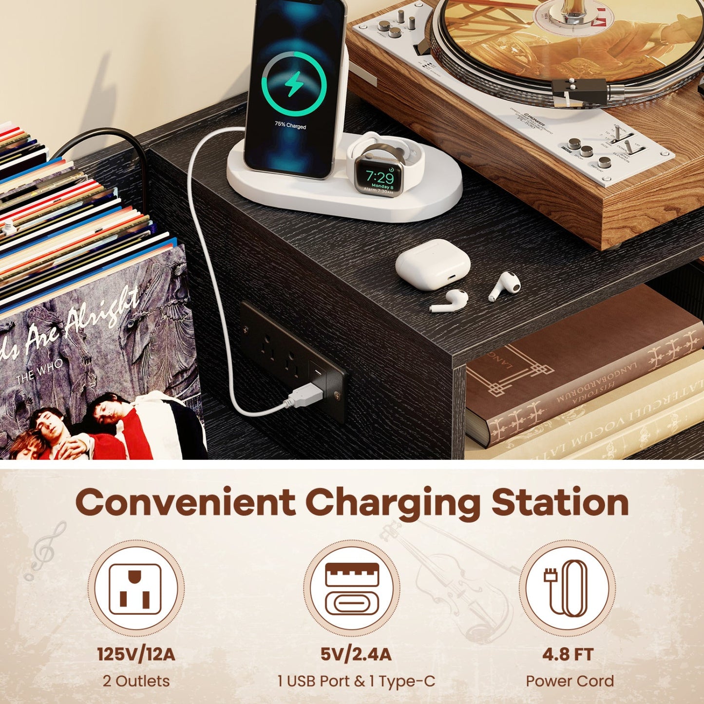 Record Player Stand with Power Outlets and Vinyl Storage Holder up to 250 Albums