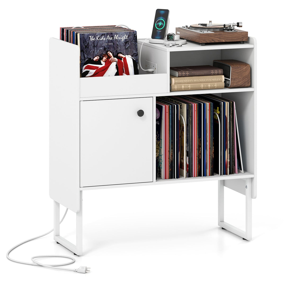 Record Player Stand with Power Outlets and Vinyl Storage Holder up to 250 Albums