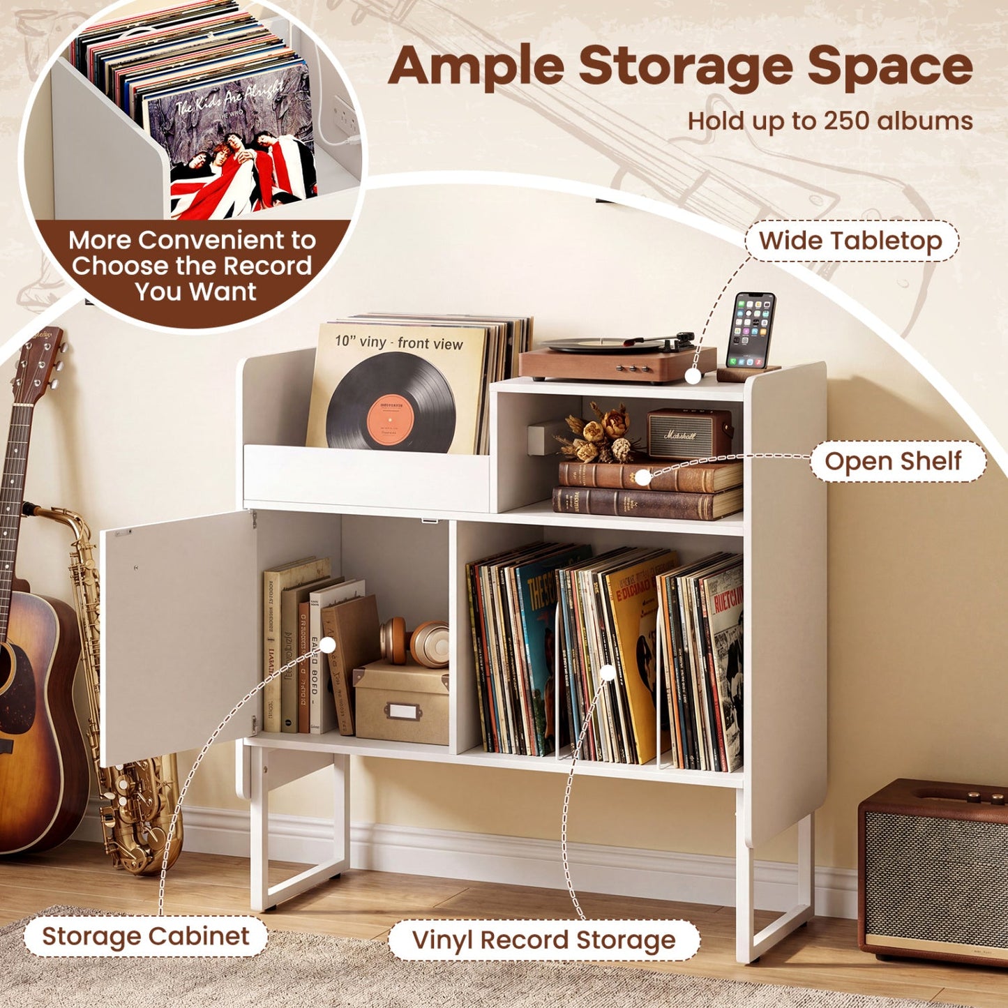 Record Player Stand with Power Outlets and Vinyl Storage Holder up to 250 Albums
