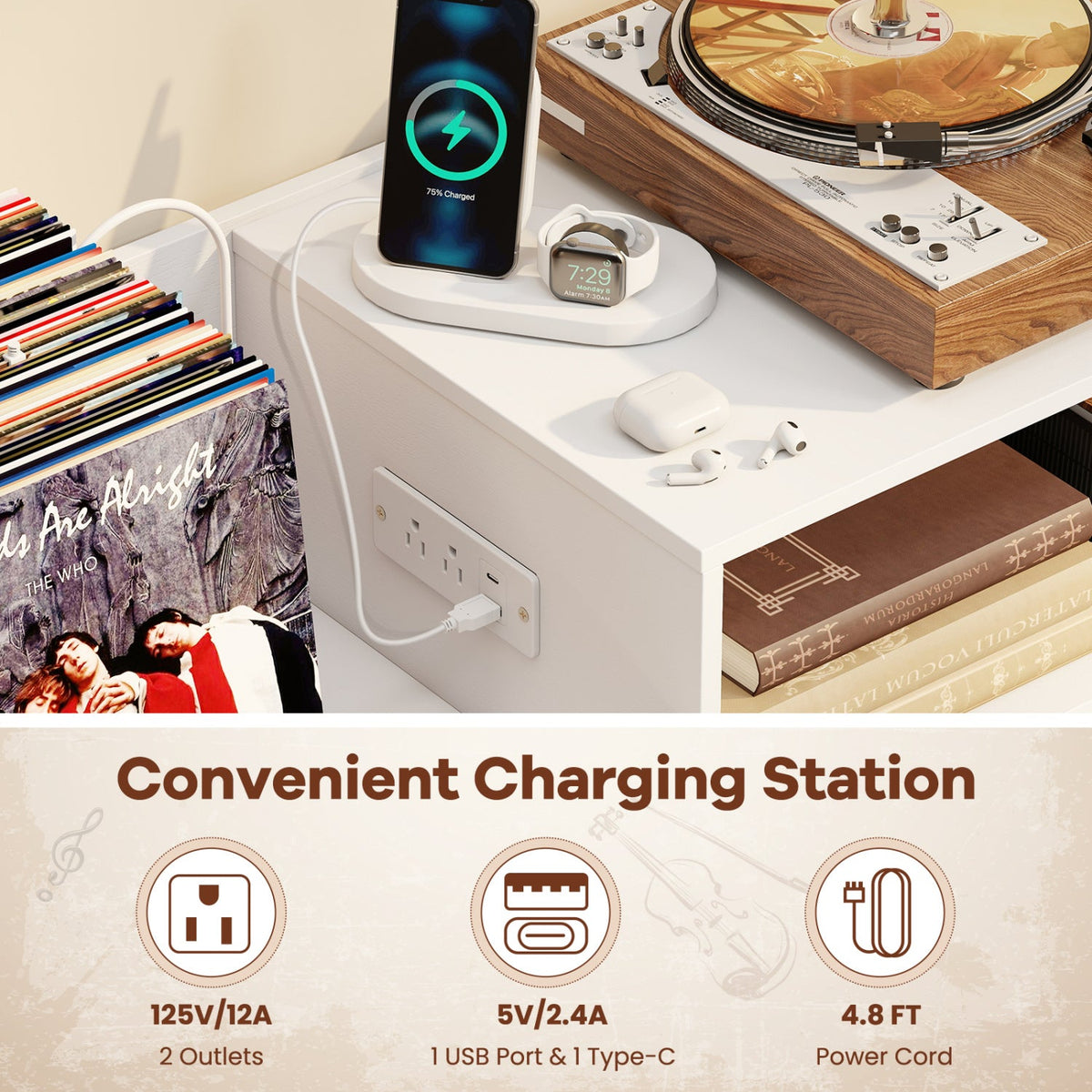 Record Player Stand with Power Outlets and Vinyl Storage Holder up to 250 Albums