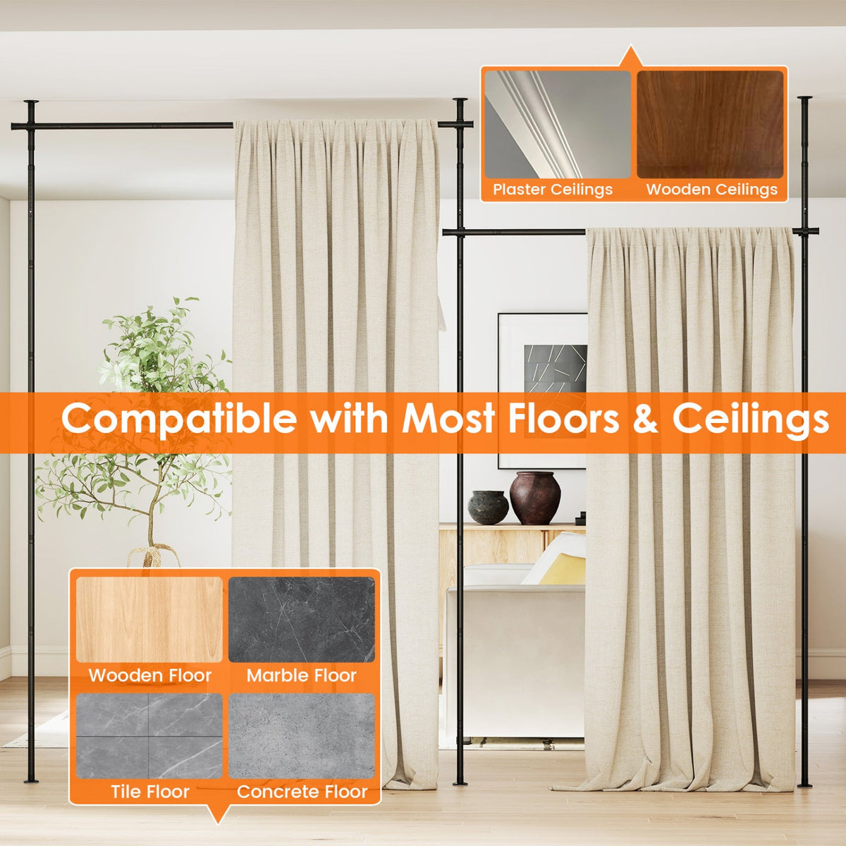 Room Divider Curtain Rod with Adjustable Floor to Ceiling Tension Rod (Curtains Not Included)